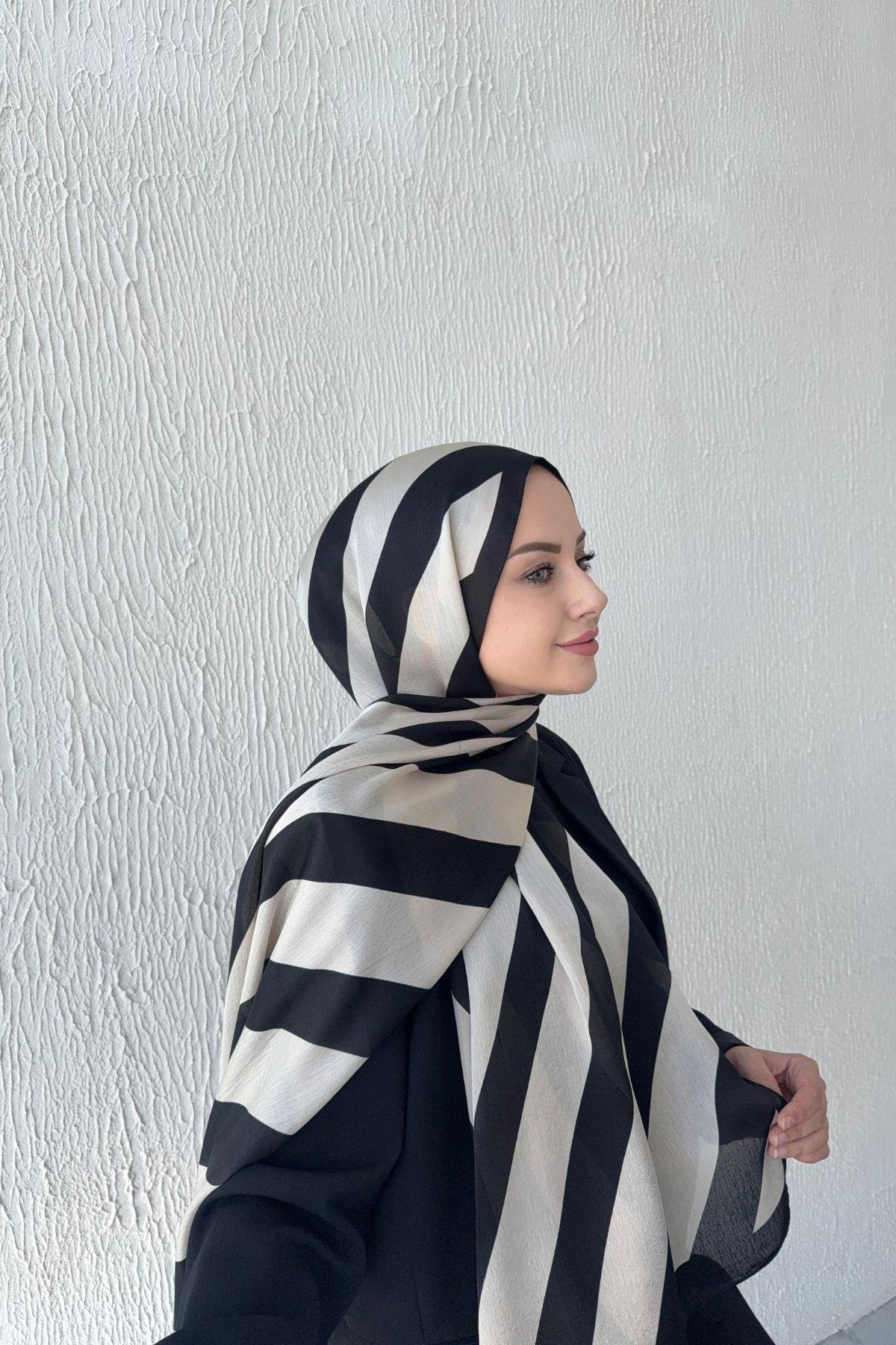 Çizgi Desen Vual İpek Şal Açık Vizon