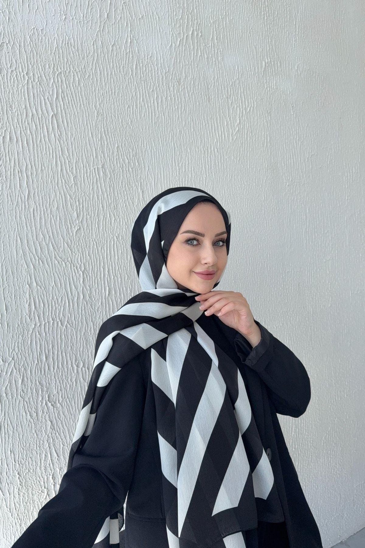 Çizgi Desen Vual İpek Şal Siyah