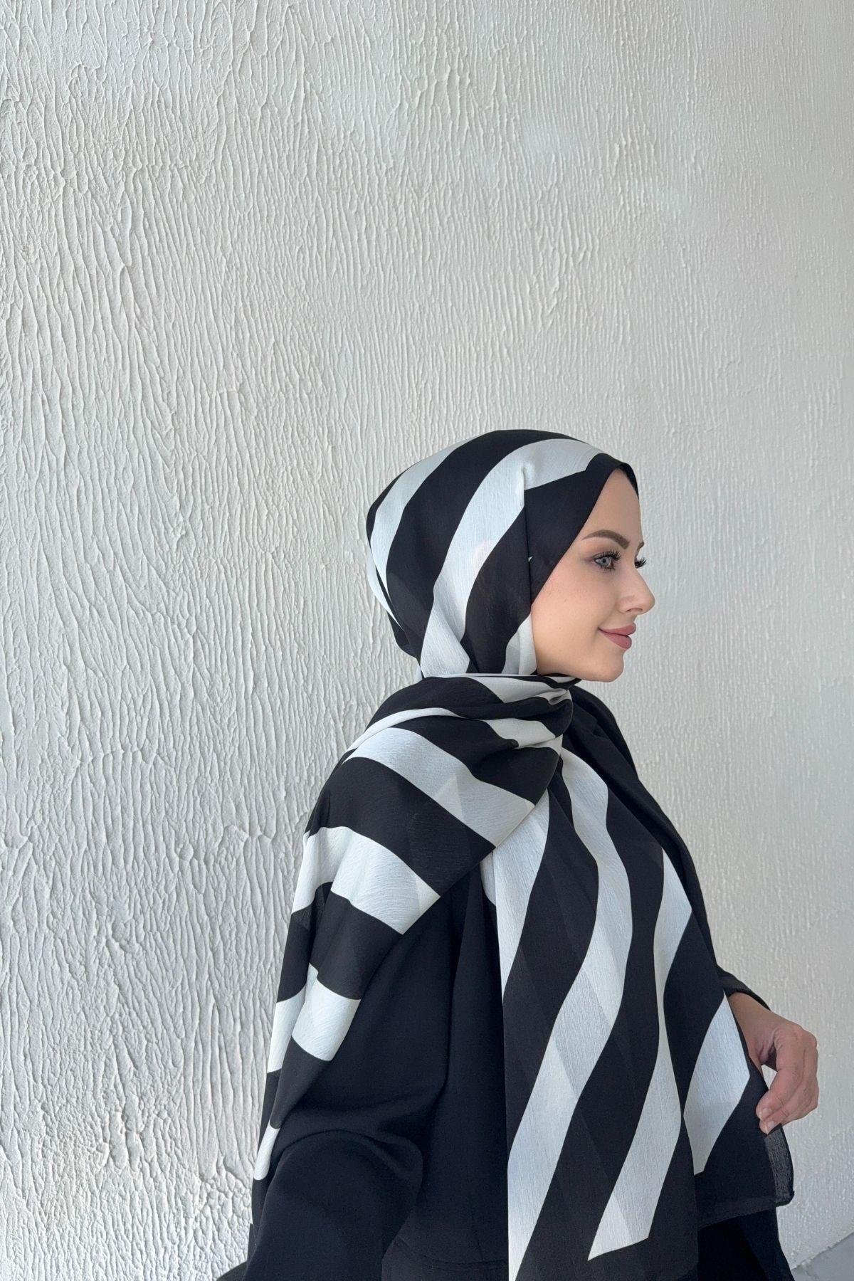 Çizgi Desen Vual İpek Şal Siyah