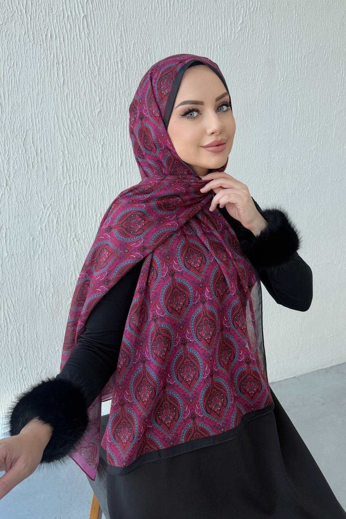 Fuşya Bohem Modal İpek Şal