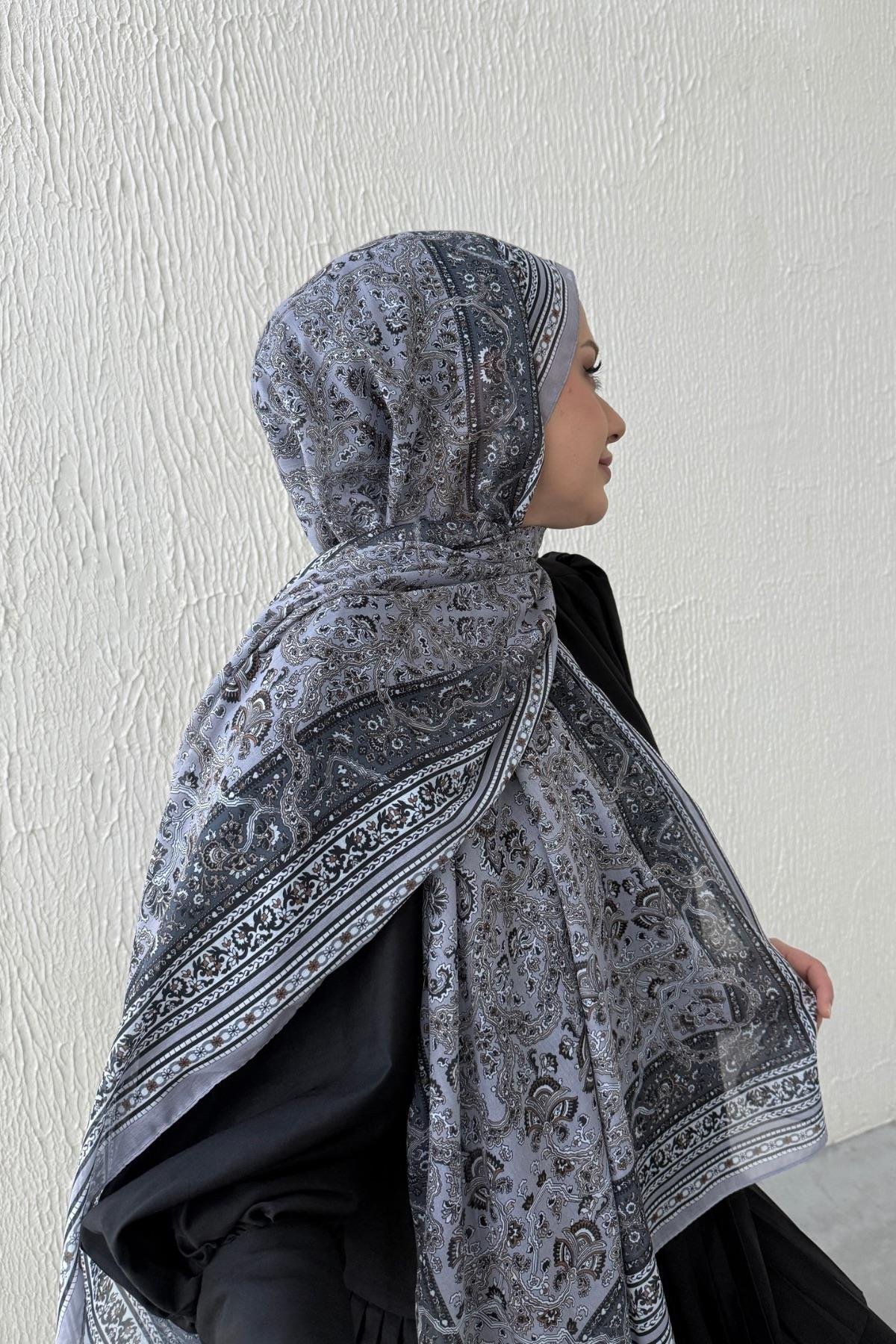 Gri Bohem Modal İpek Şal  