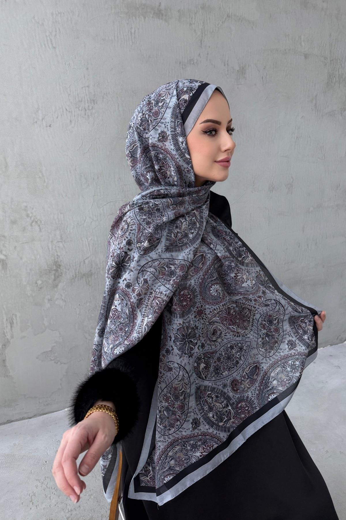 Gri Bukre Bohem Modal İpek Şal