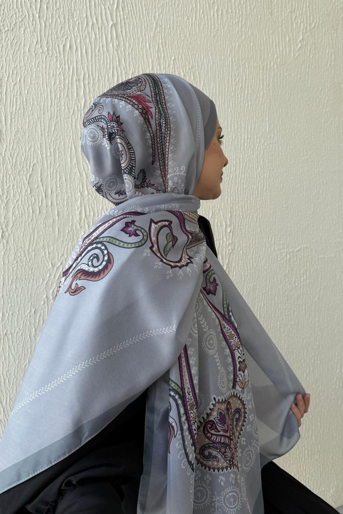 Gri Etro Etnik Vual İpek Şal 