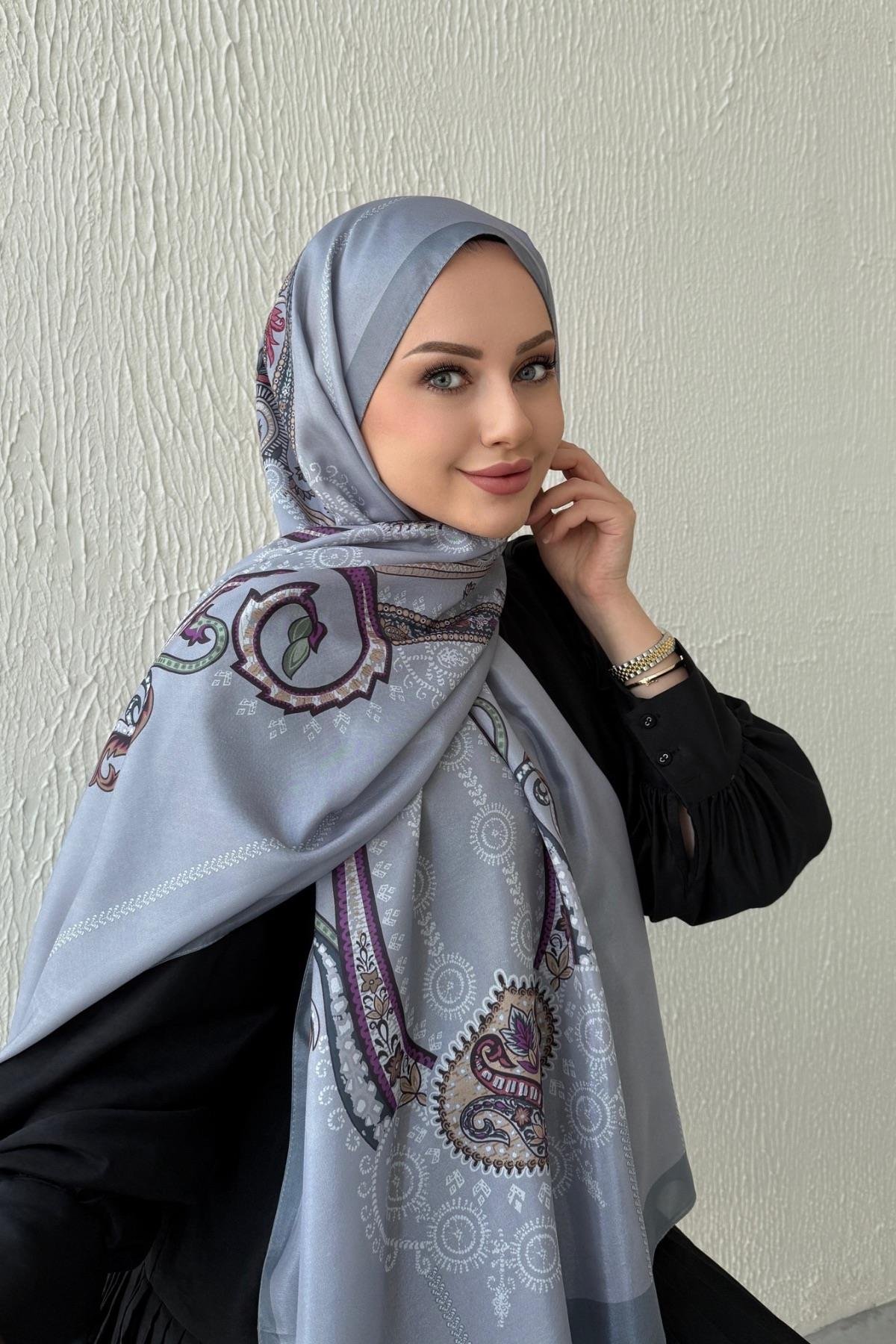 Gri Etro Etnik Vual İpek Şal 