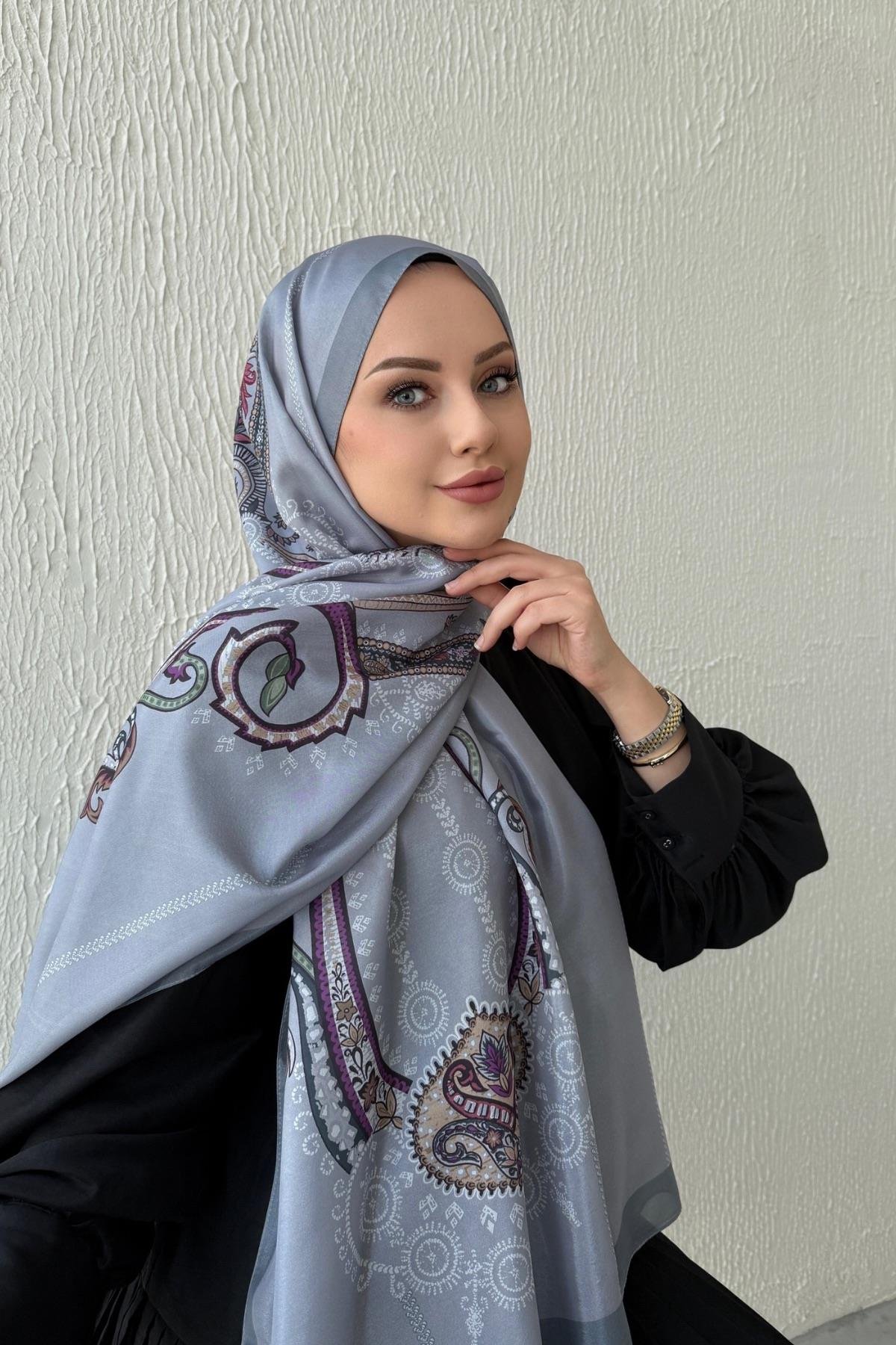 Gri Etro Etnik Vual İpek Şal 