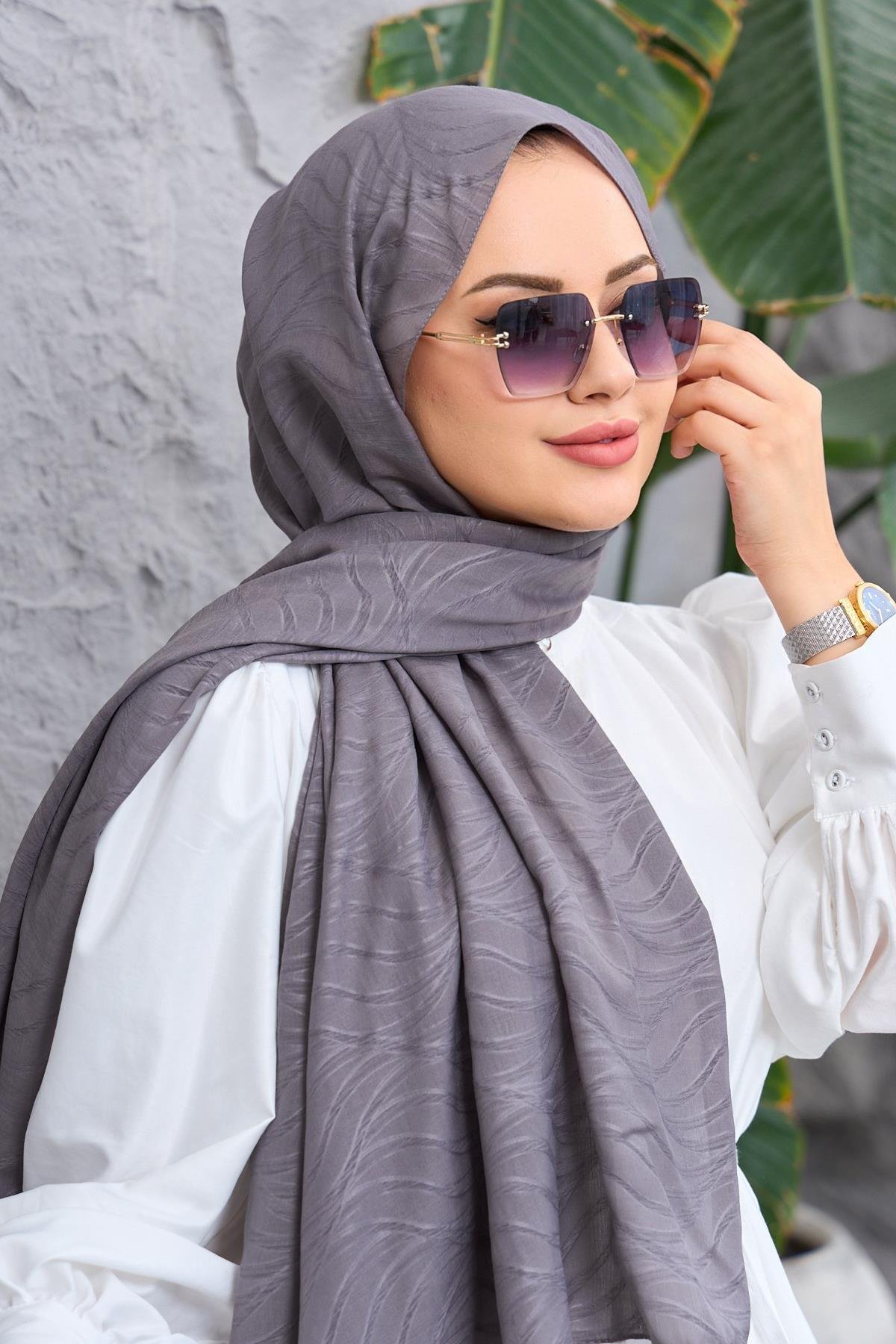 Gri Kendinden Desenli Fresh Şal