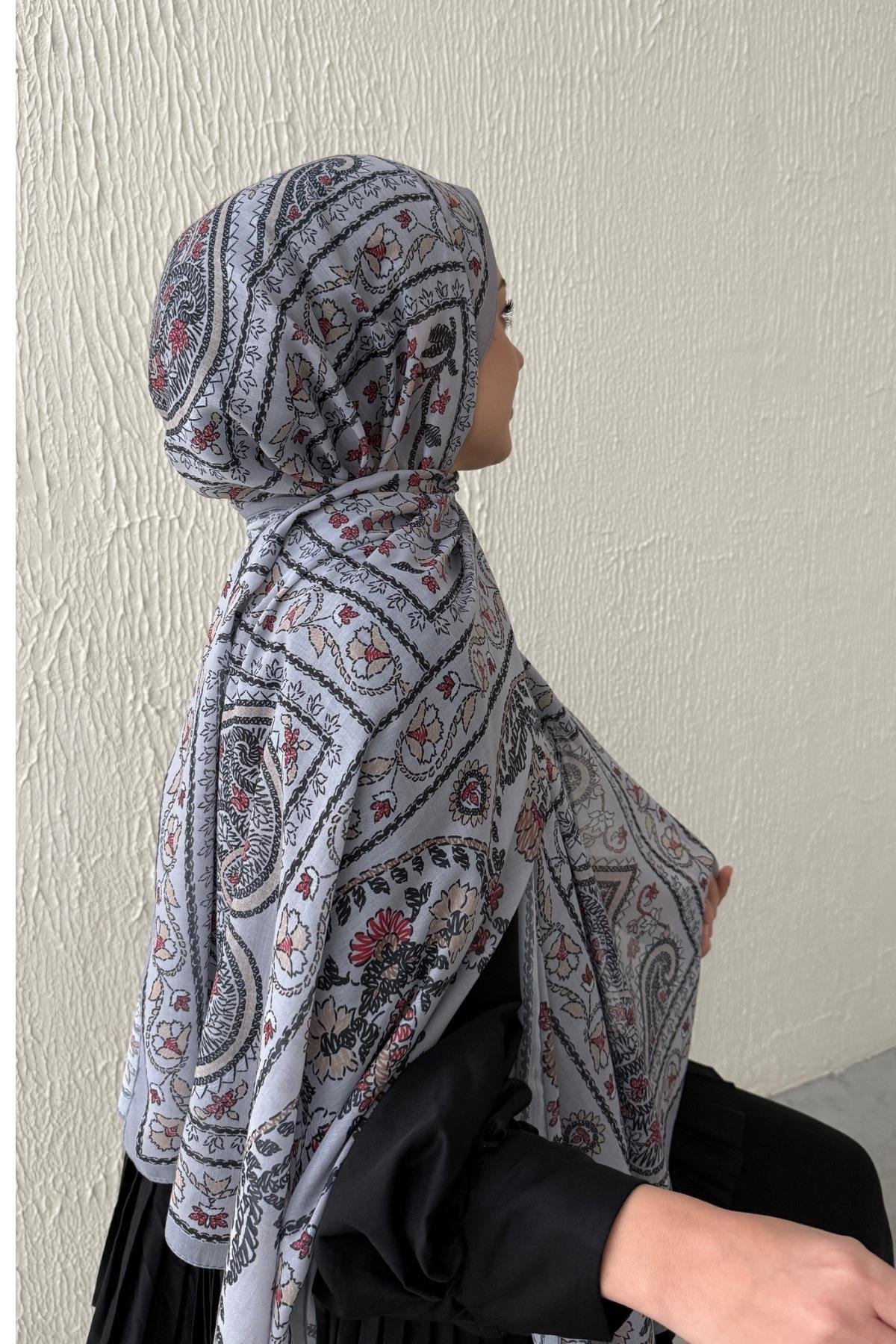 Gri Mihrimah Bohem Modal İpek Şal  