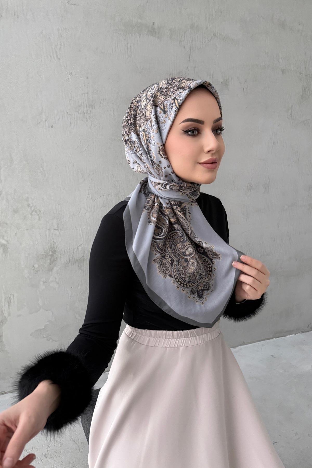 Gri Mira Bohem Modal İpek Eşarp