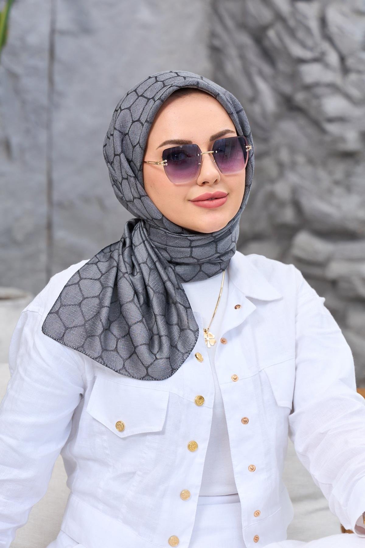 Gri Taş Desen İpeksi Jakar Eşarp 