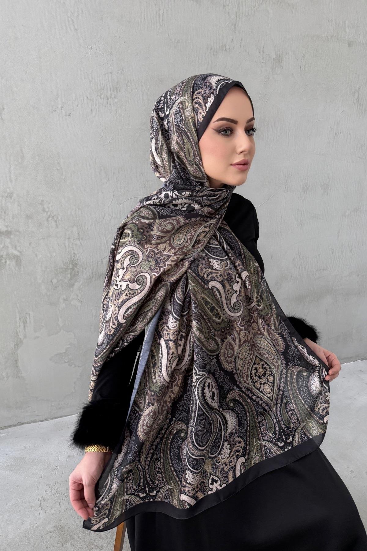 Gri&Yeşil Amour Bohem Modal İpek Şal