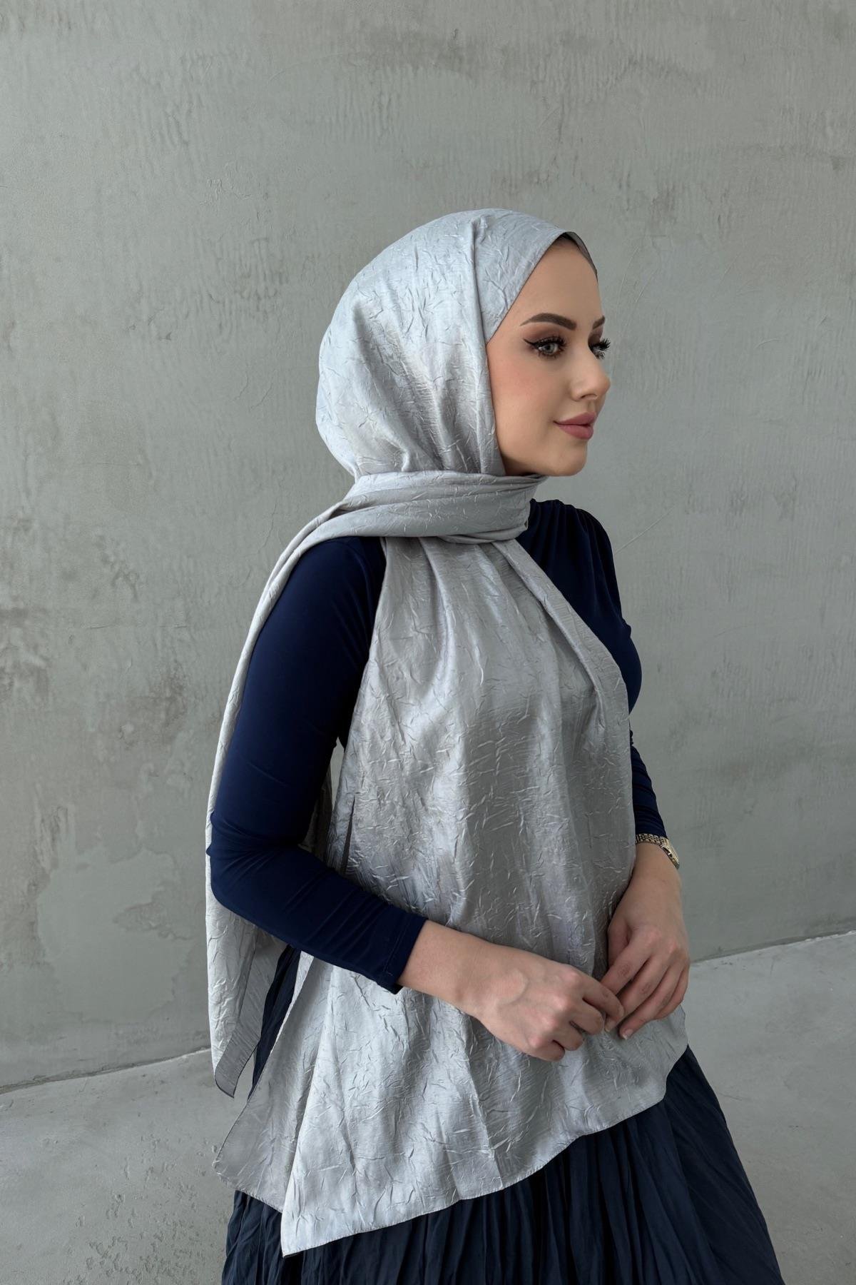 Gümüş Gri Vual İpek Crash Şal