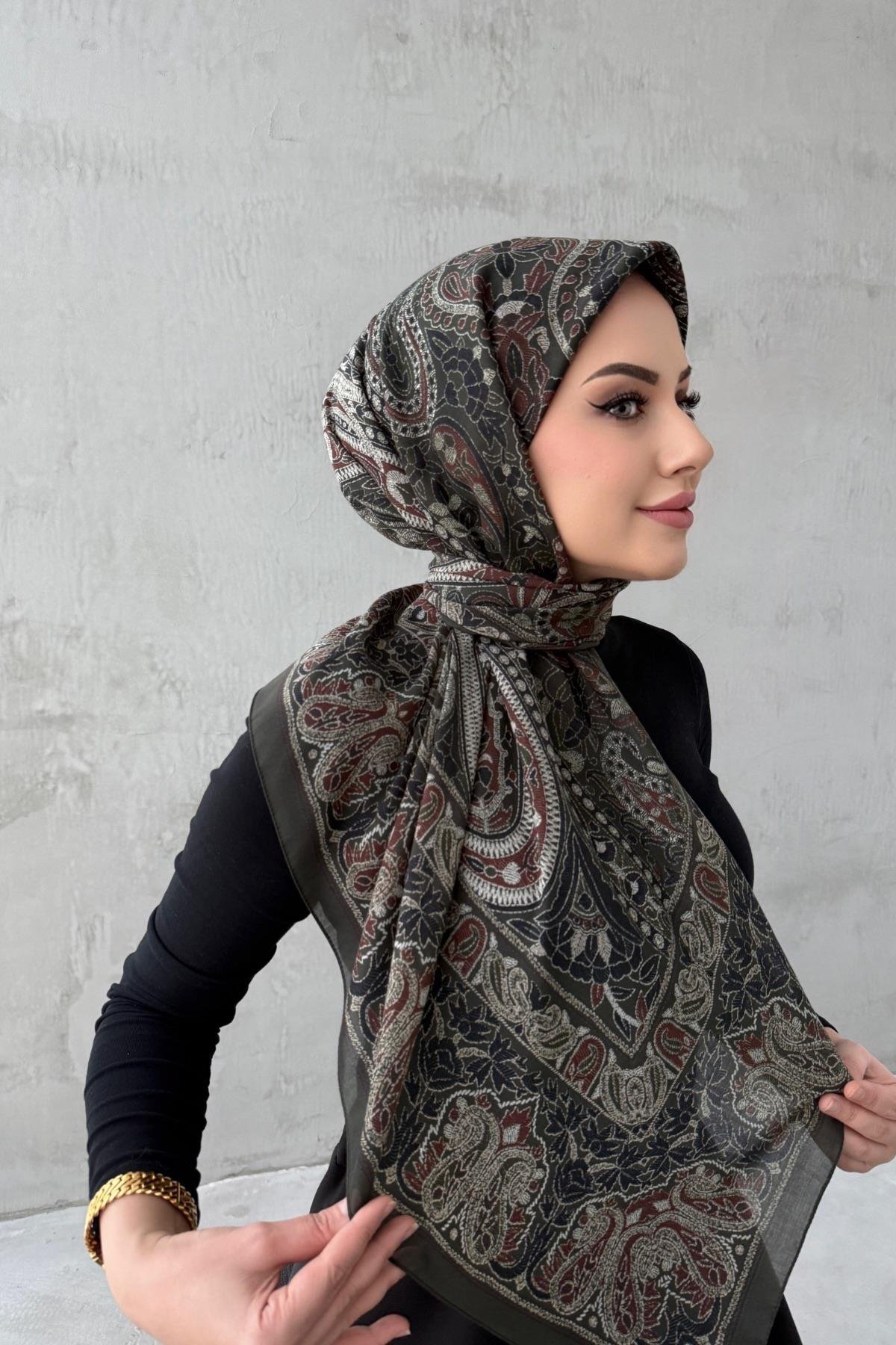 Haki Beliz Bohem Modal İpek Şaleşarp