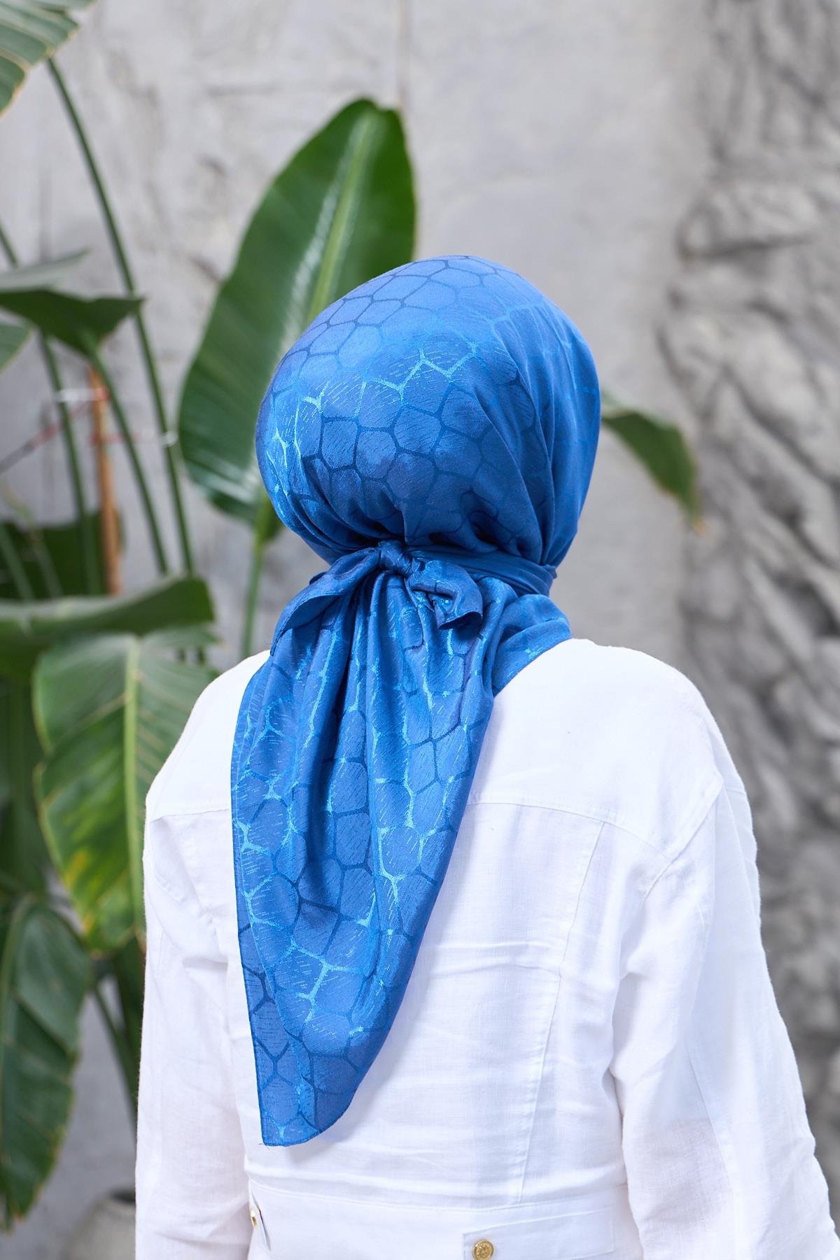 İndigo Taş Desen İpeksi Jakar Eşarp 