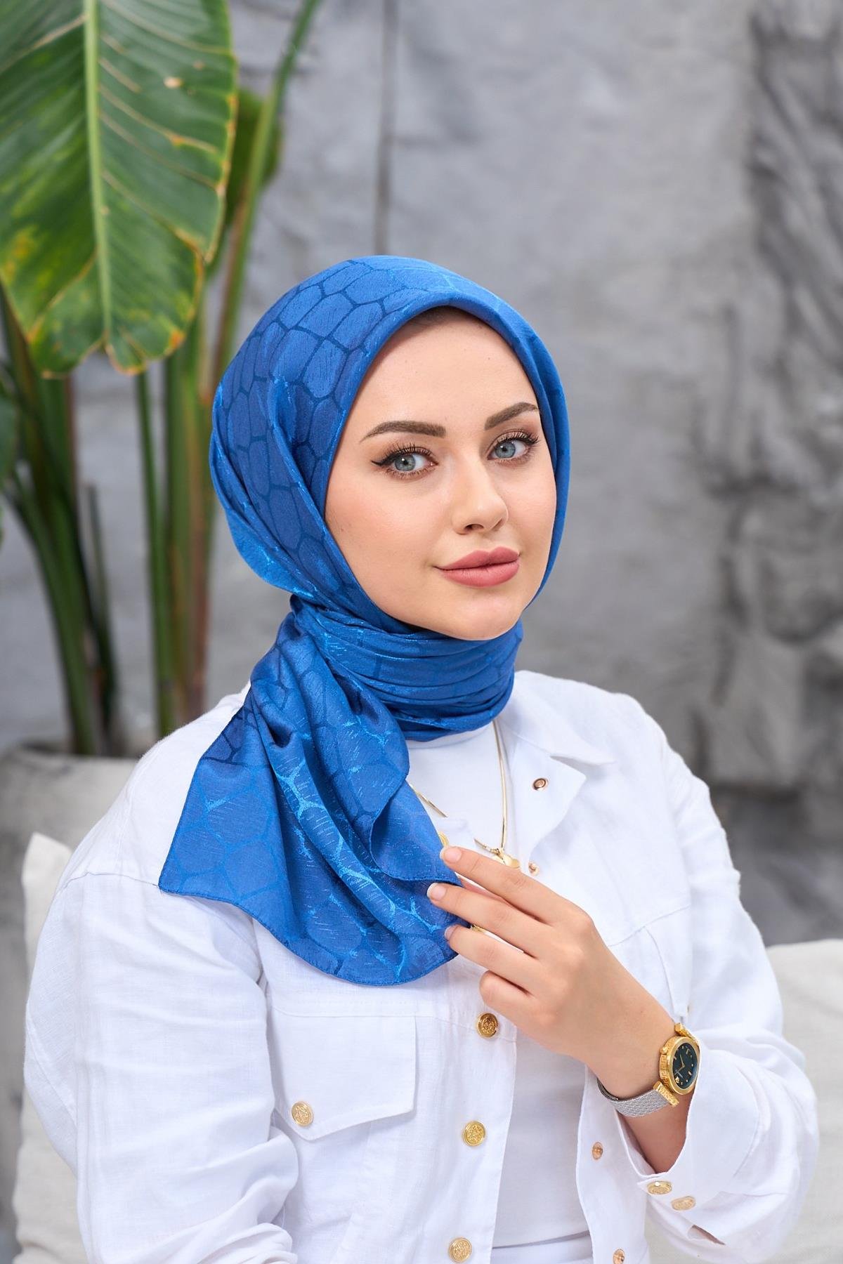 İndigo Taş Desen İpeksi Jakar Eşarp 