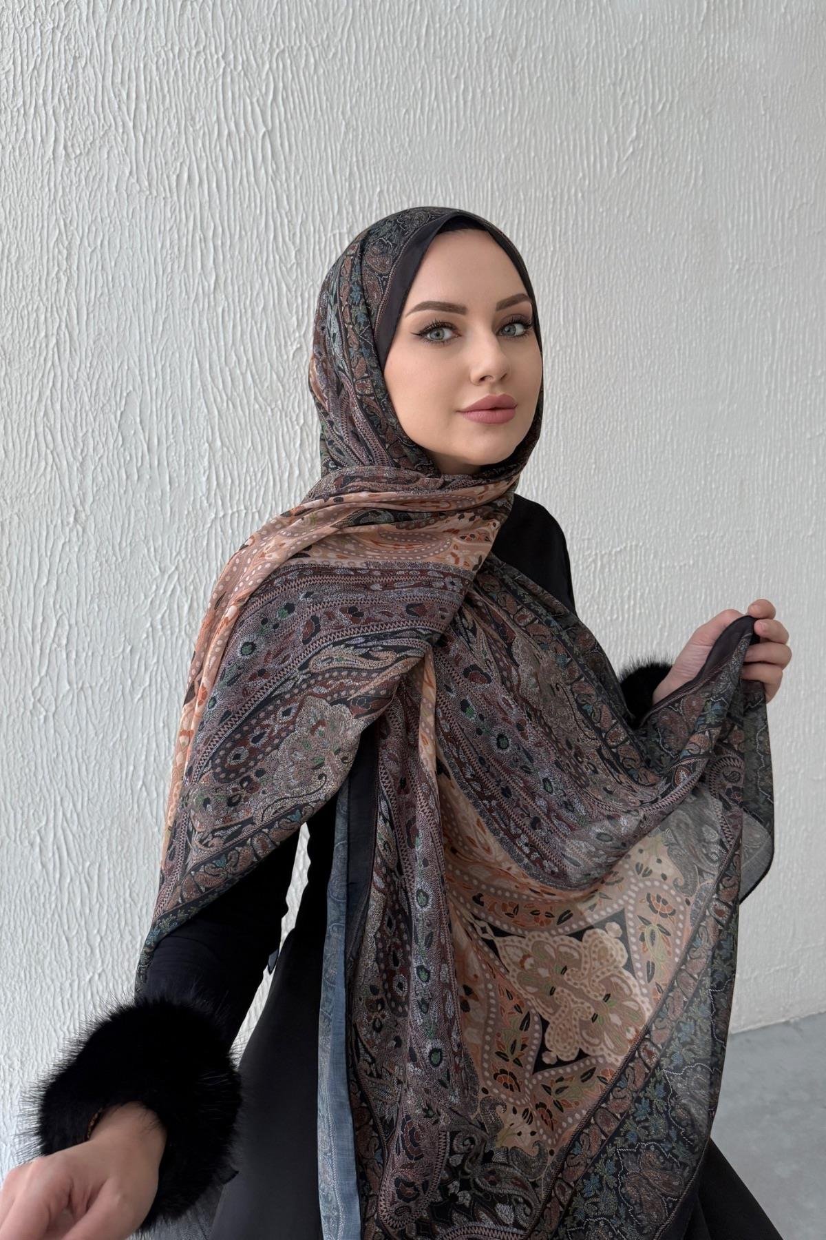 Kahve & Tarçın Bohem Modal İpek Şal  