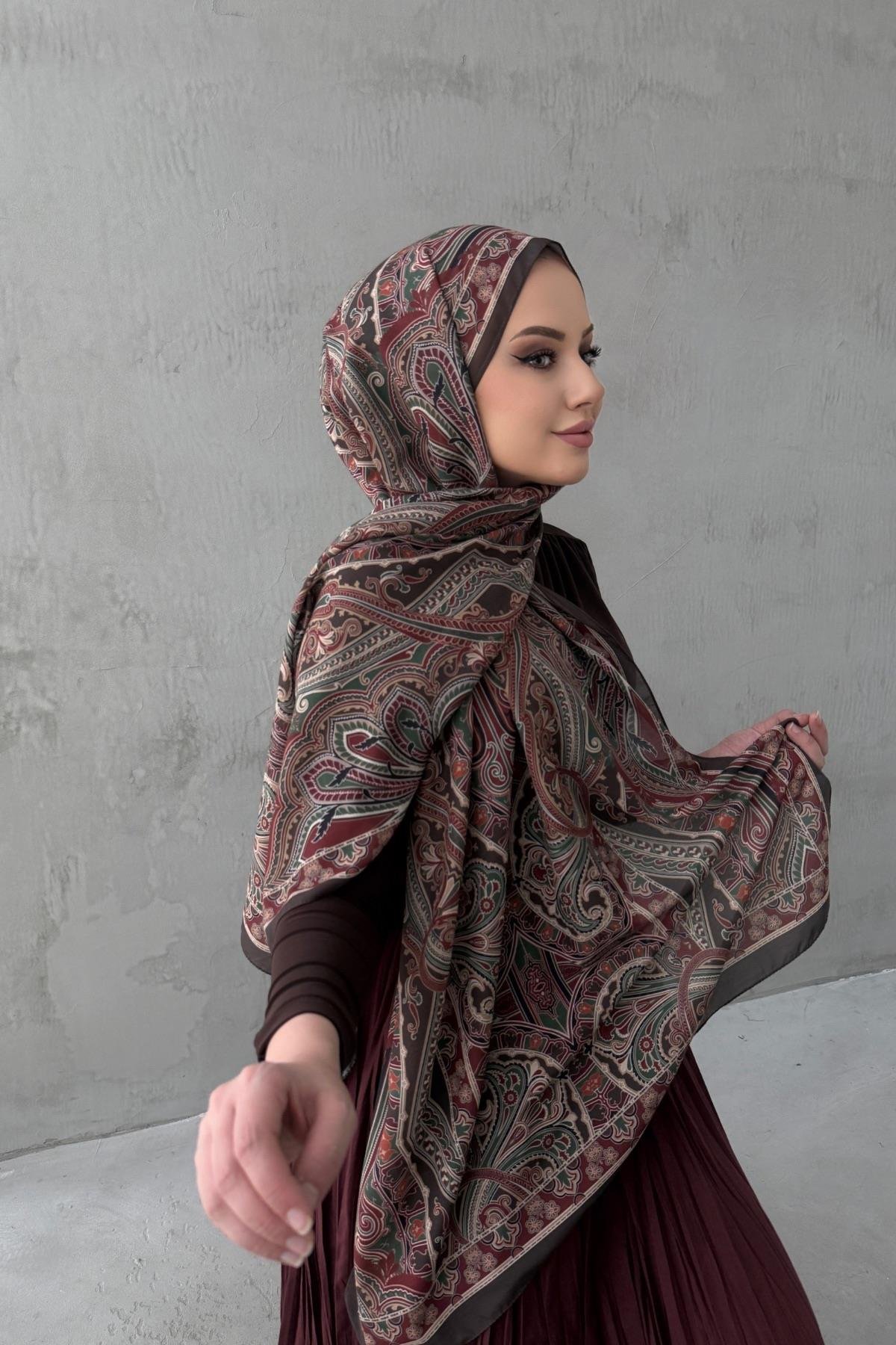 Kahverengi Beren Bohem Modal İpek Şal