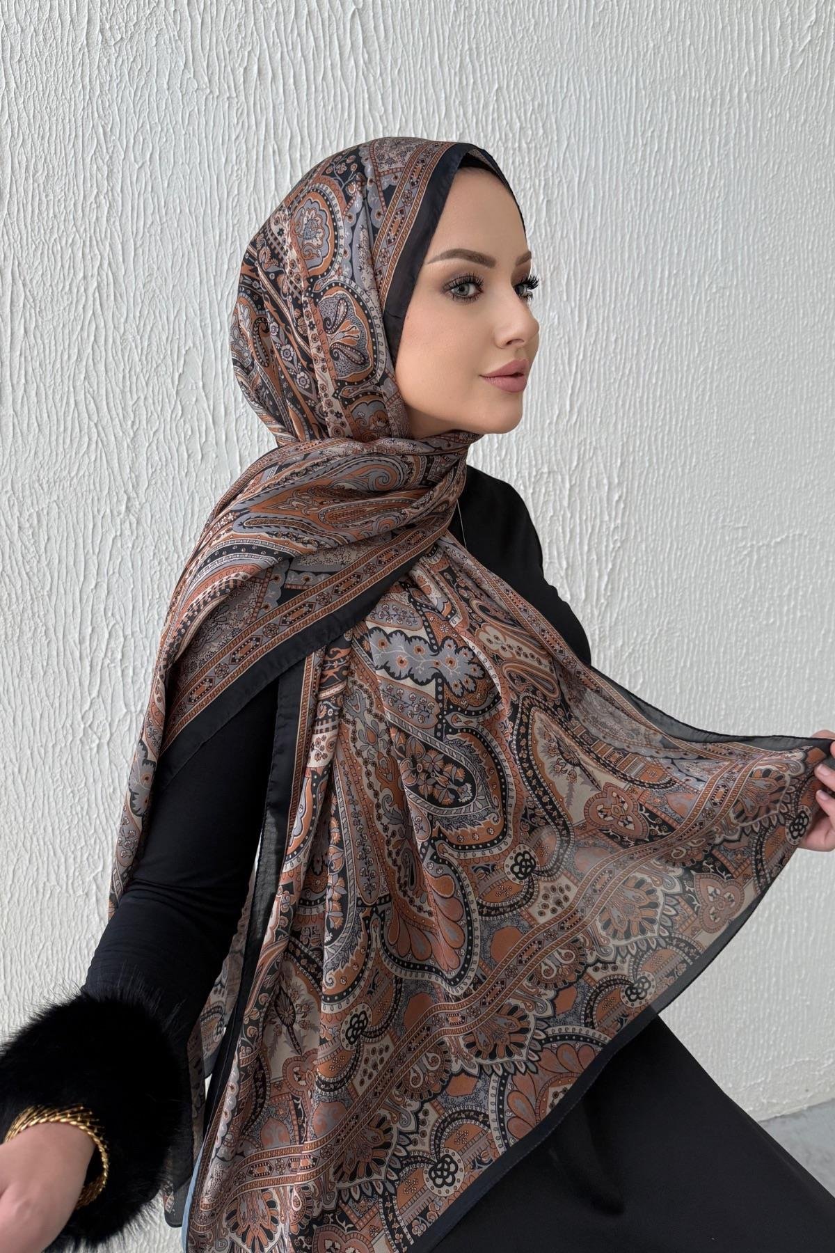 Kahverengi & Kahverengi Bohem Modal İpek Şal  