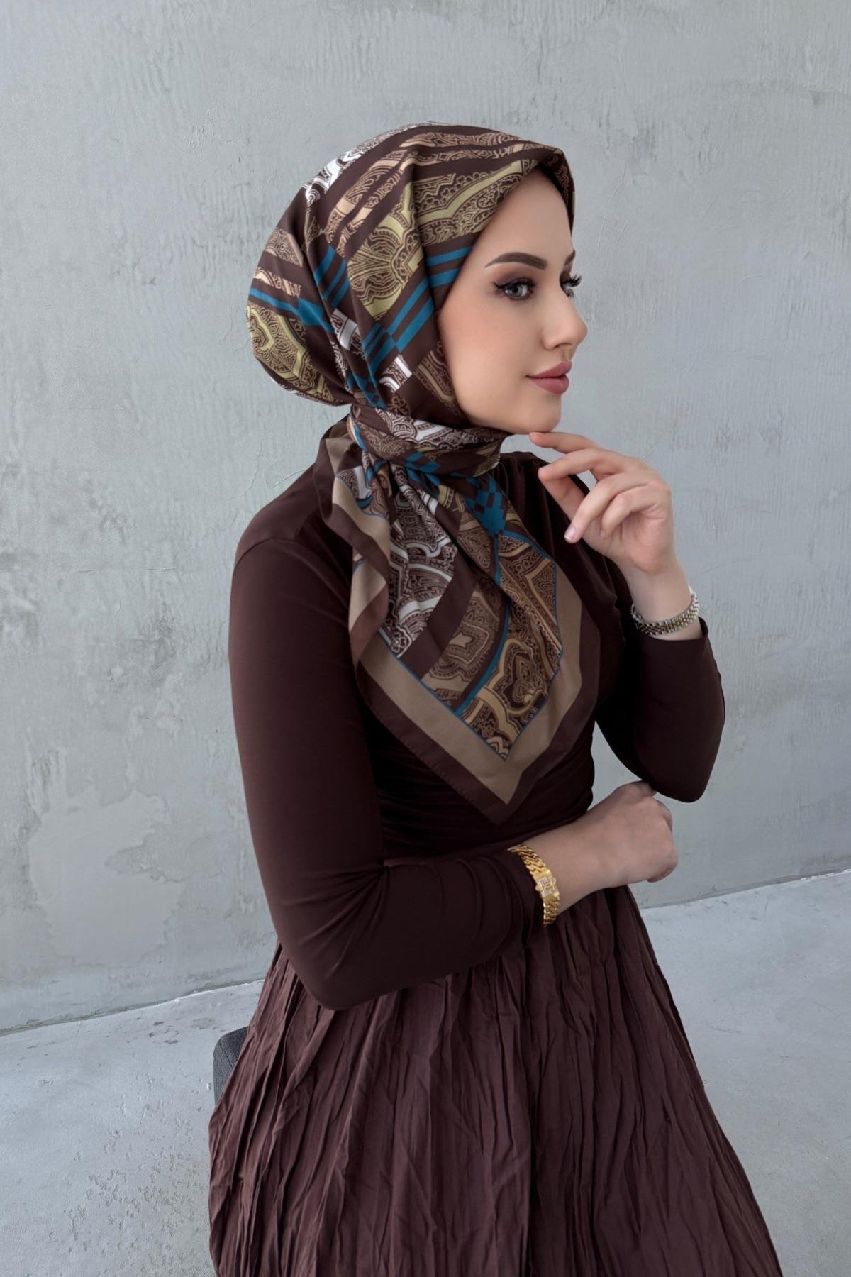 Kahverengi Kardelen Bohem Modal İpek Eşarp