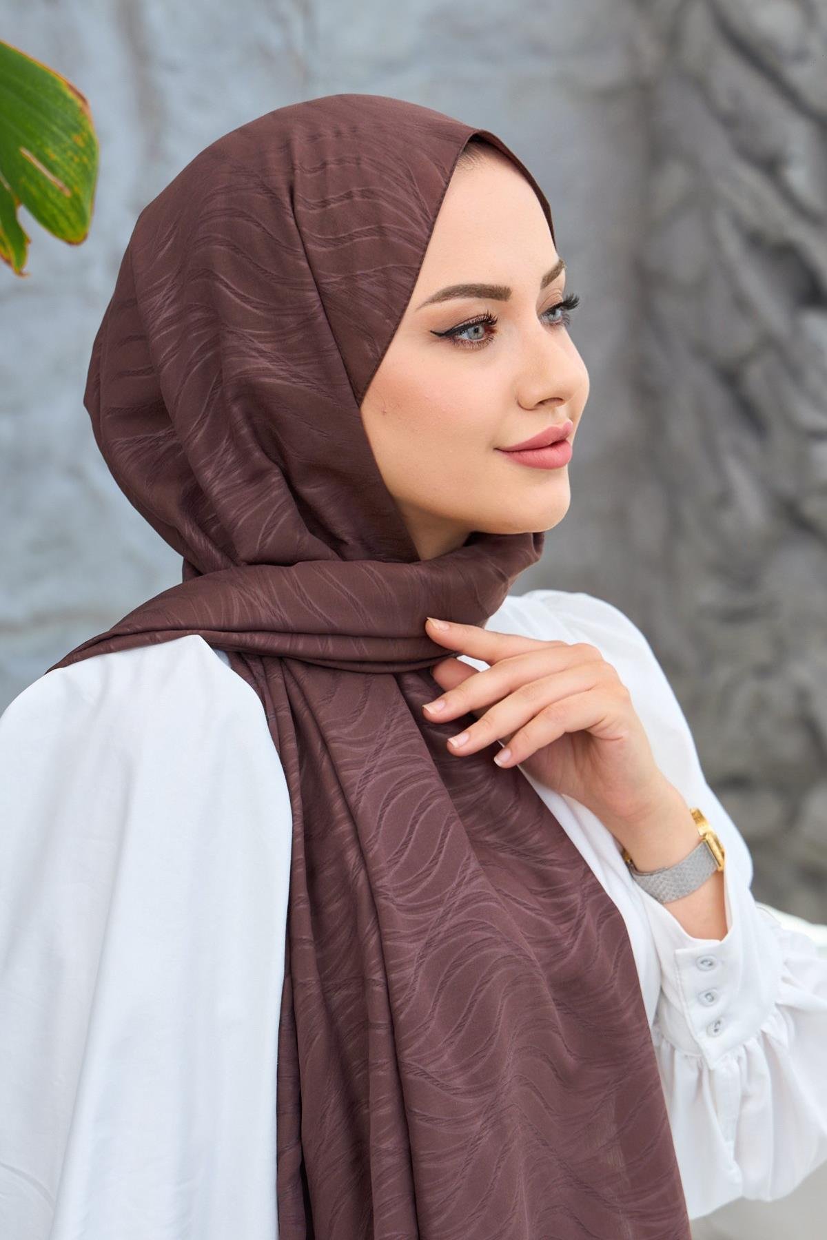 Kahverengi Kendinden Desenli Fresh Şal