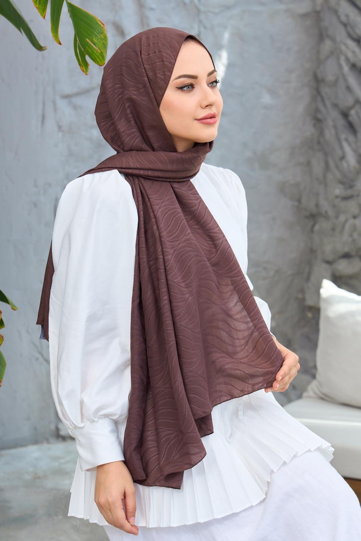 Kahverengi Kendinden Desenli Fresh Şal