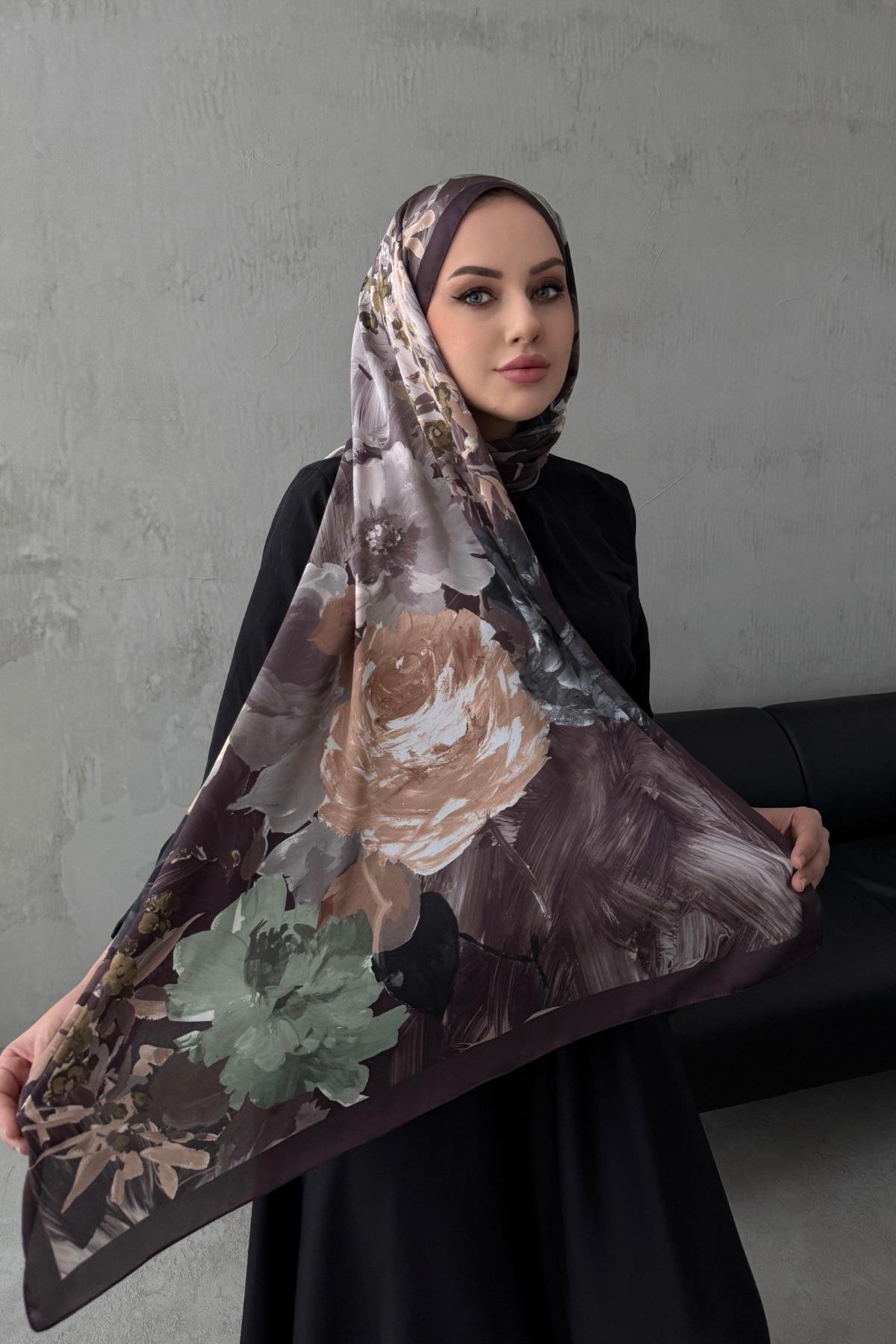 Kahverengi Lara Kumlu İpek Şal 