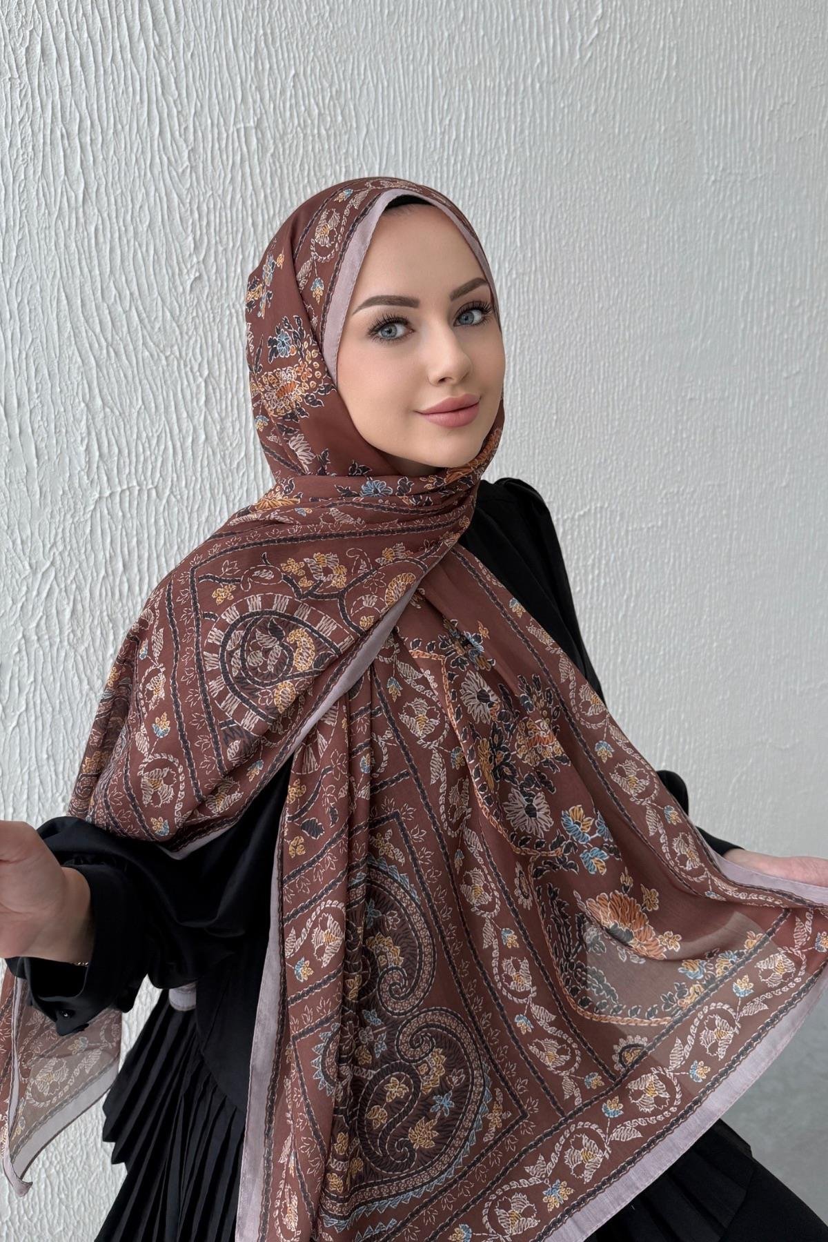 Kahverengi Mihrimah Bohem Modal İpek Şal  