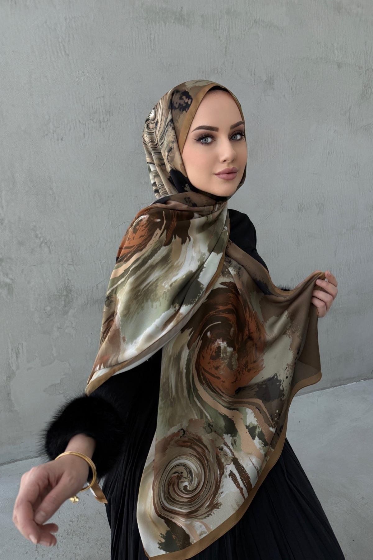 Kahverengi Sahara Kumlu İpek Şal 