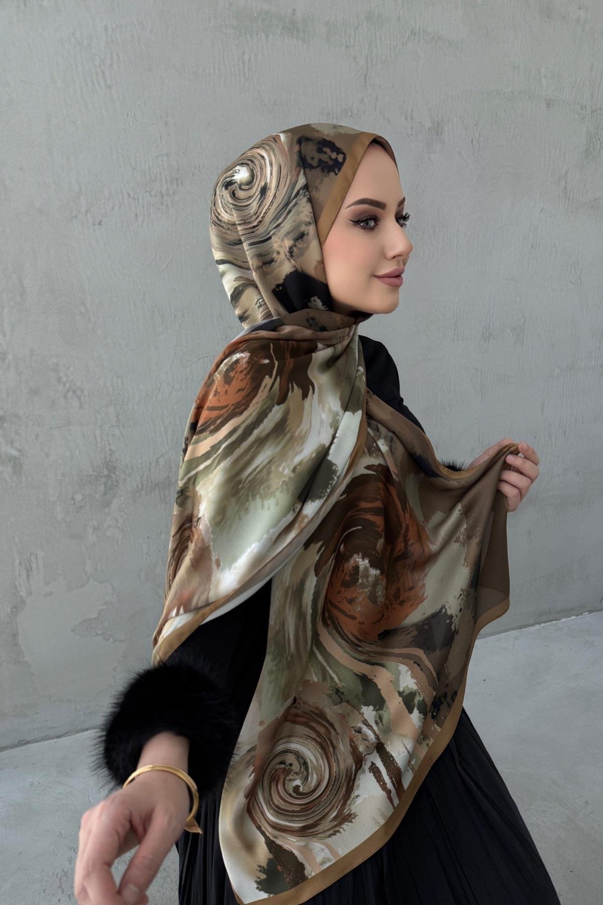 Kahverengi Sahara Kumlu İpek Şal 