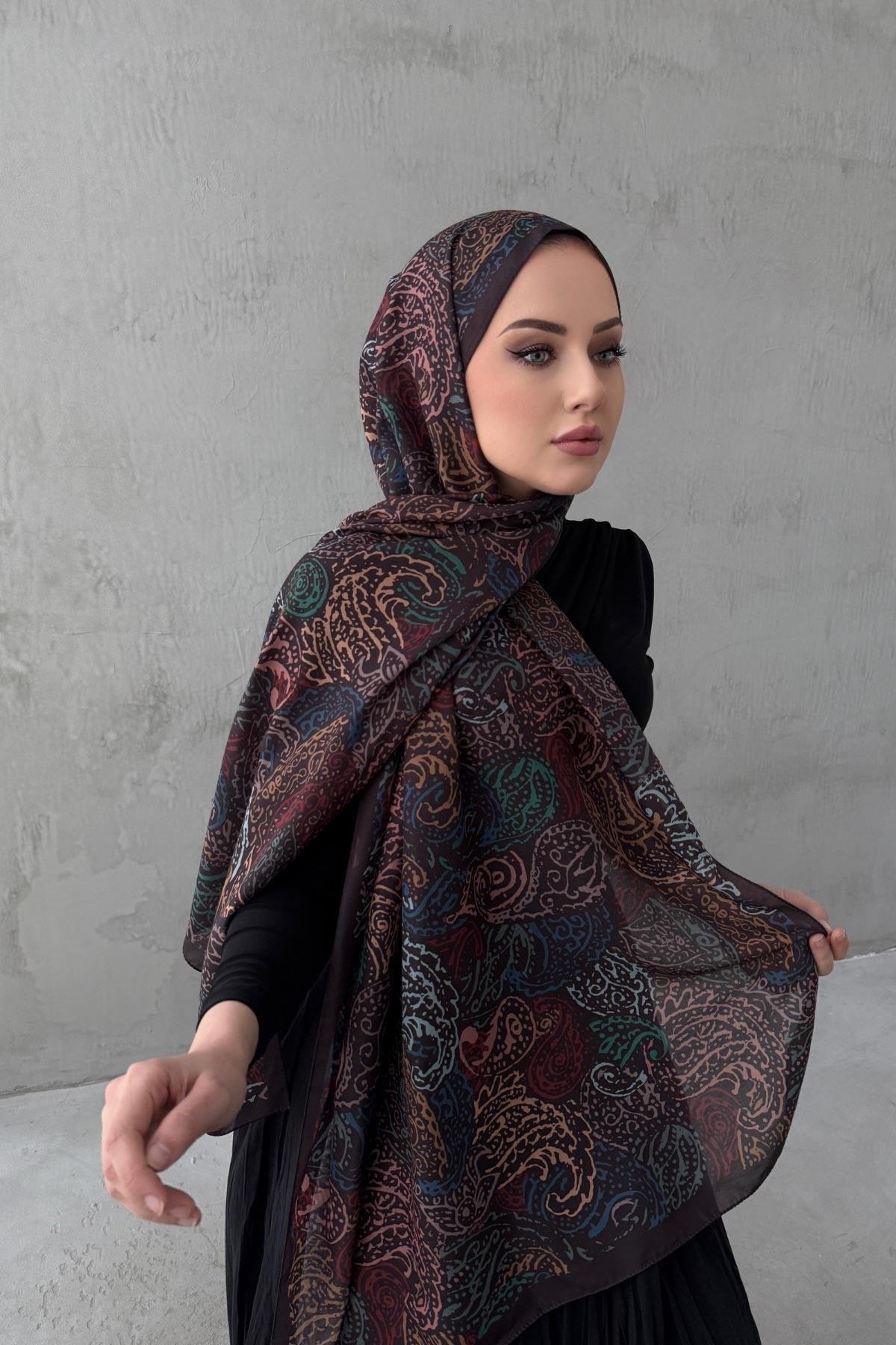 Kahverengi&Bordo Alaca Bohem Modal İpek Şal