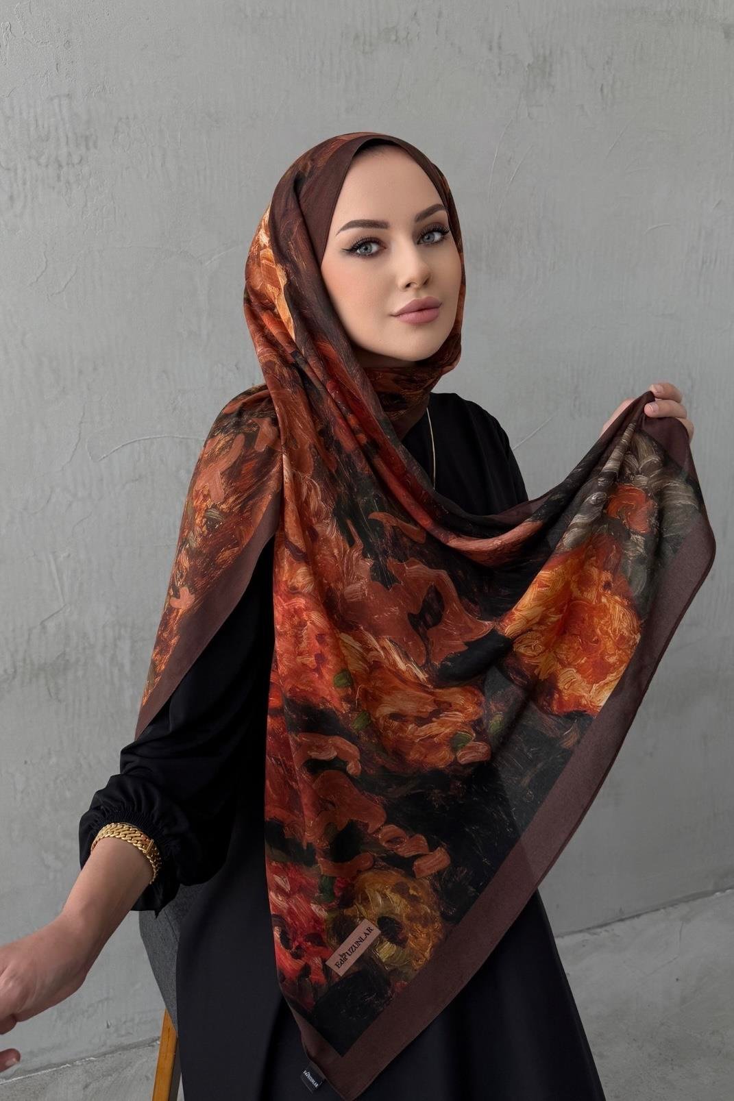 Kahverengi&Kiremit Tual Koza %100 Pamuk Şal