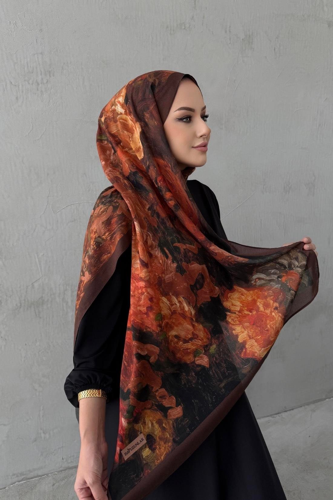 Kahverengi&Kiremit Tual Koza %100 Pamuk Şal