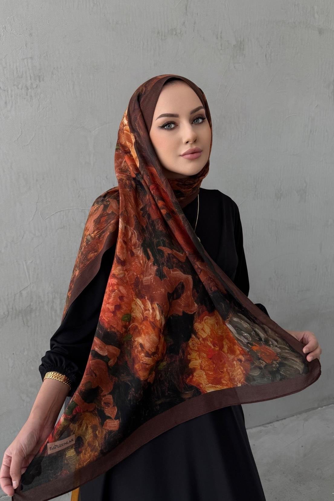 Kahverengi&Kiremit Tual Koza %100 Pamuk Şal
