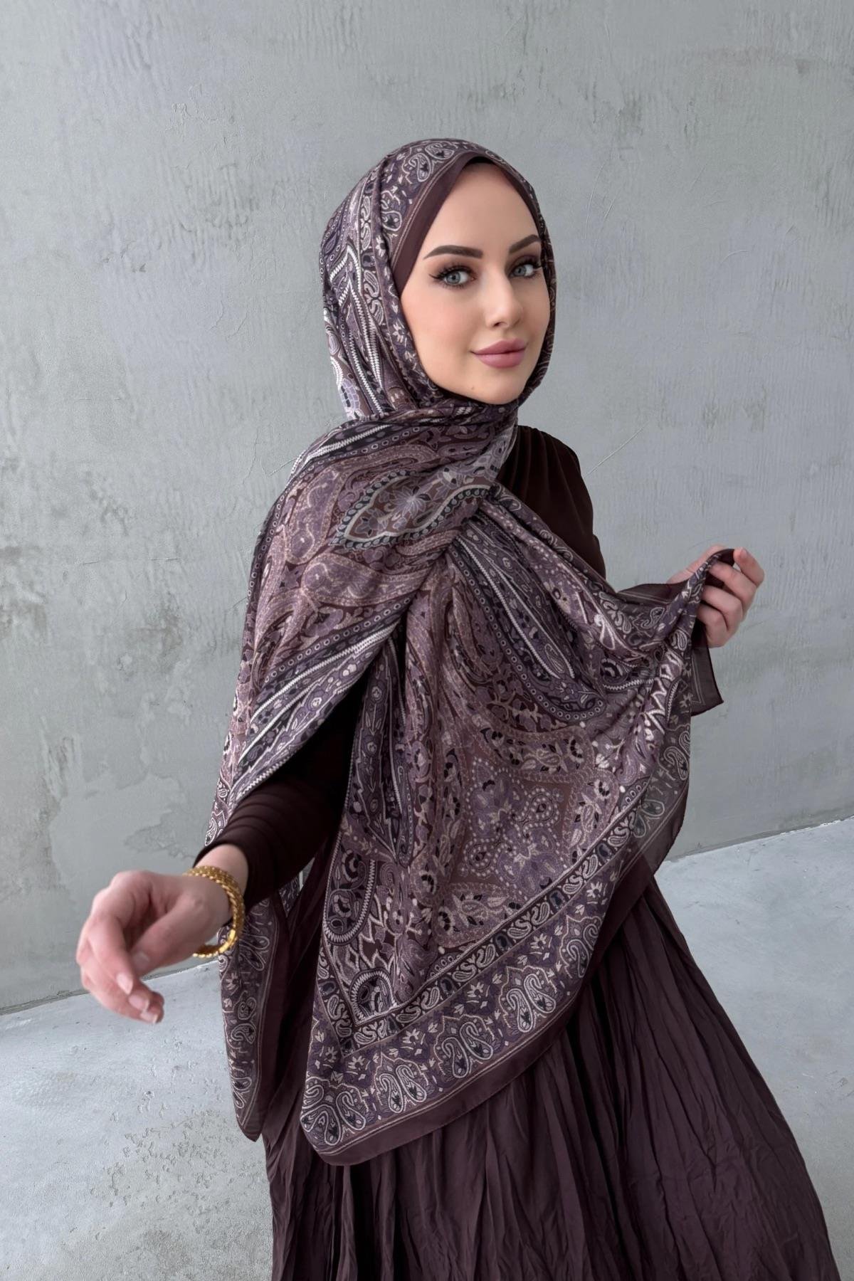 Kahverengi&Lila Şazeli Bohem Modal İpek Şal