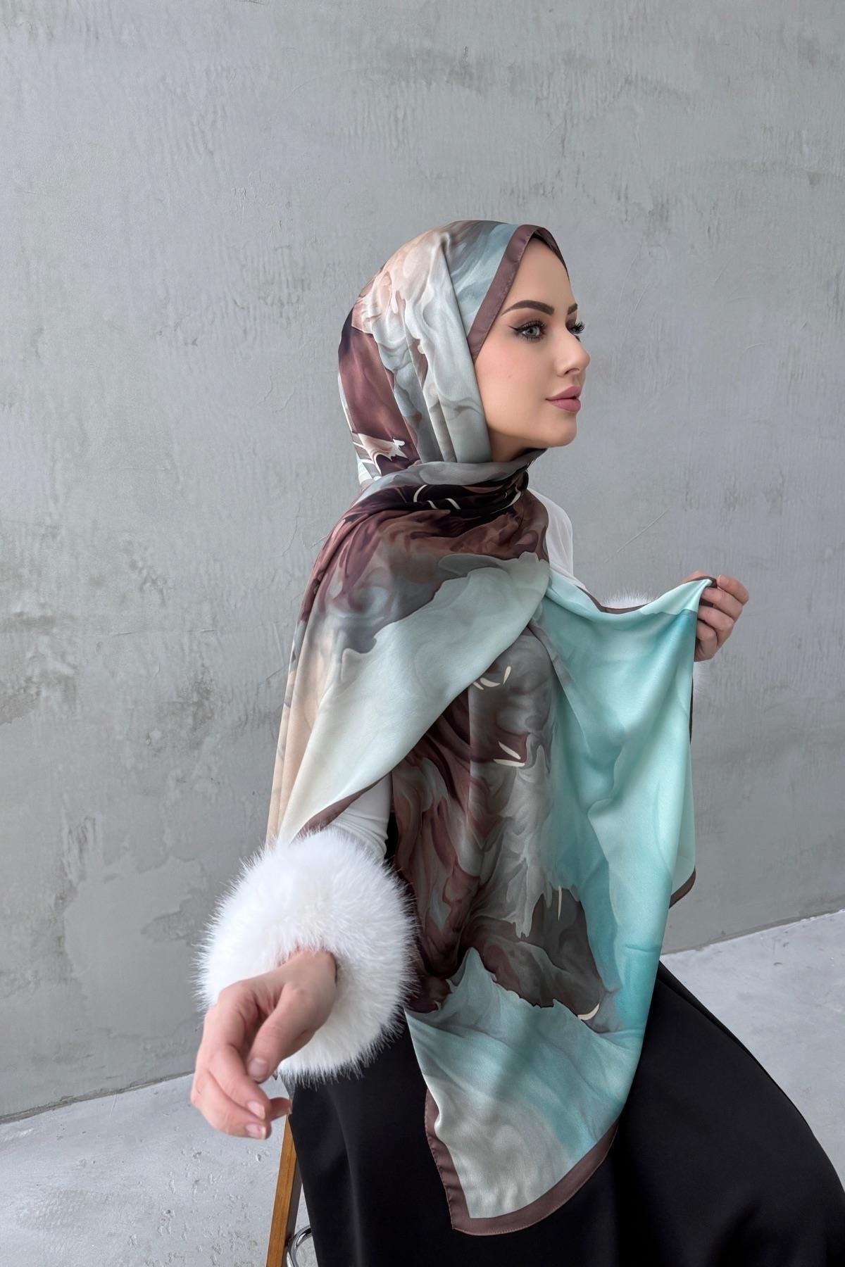 Kahverengi&Suyeşili Eftelya Kumlu İpek Şal 