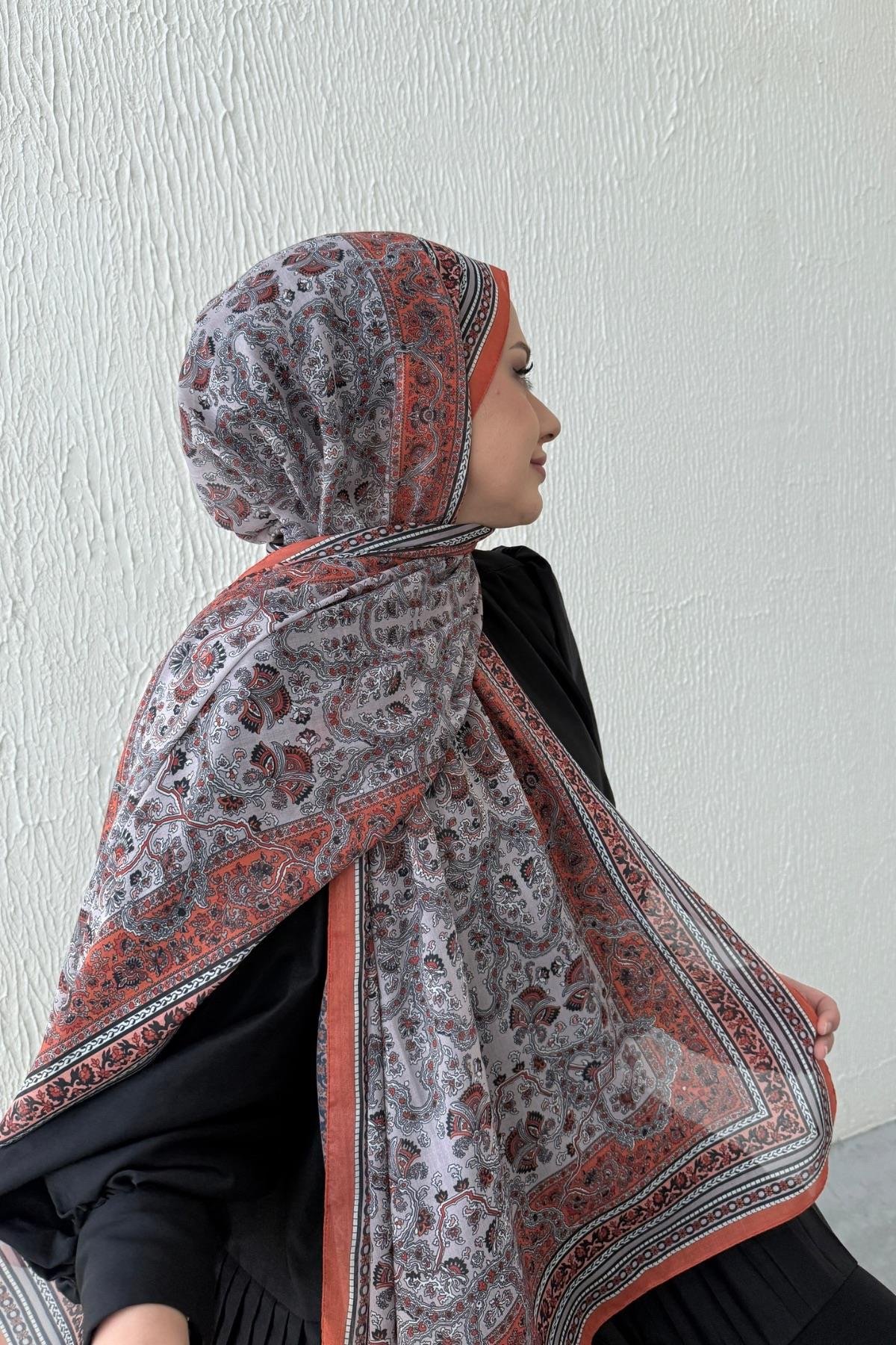 Kiremit Bohem Modal İpek Şal  