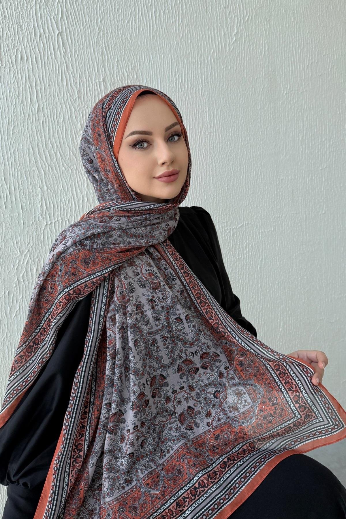 Kiremit Bohem Modal İpek Şal  