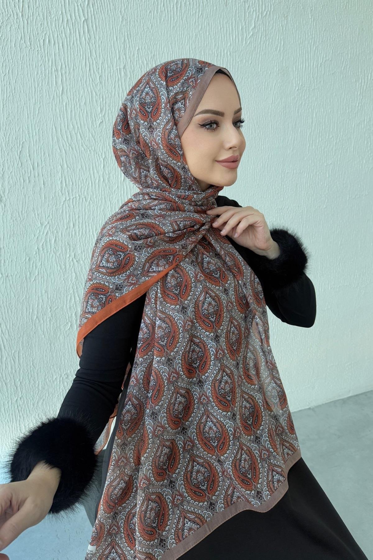 Kiremit Bohem Modal İpek Şal