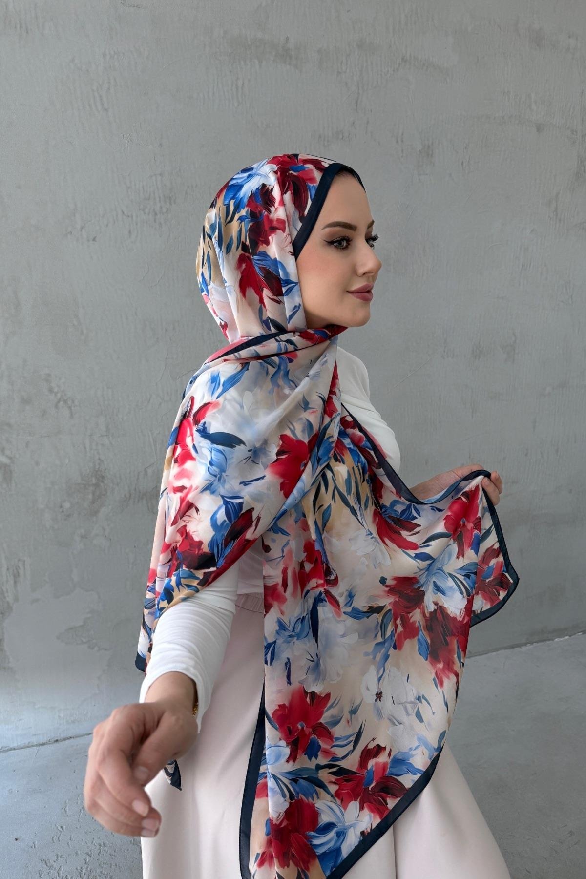 Kırmızı&Lacivert Piraye Hint İpeği Şal