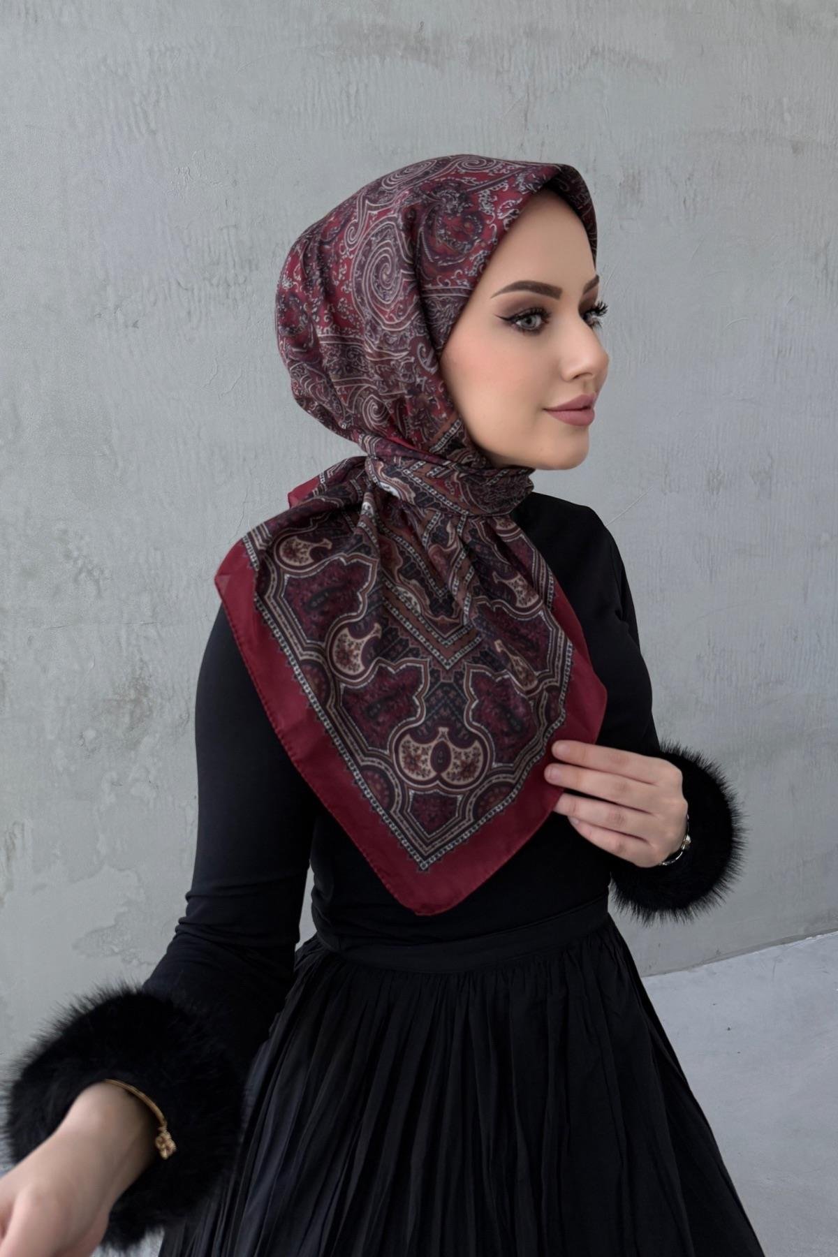 Koyu Bordo Ahu Bohem Modal İpek Eşarp