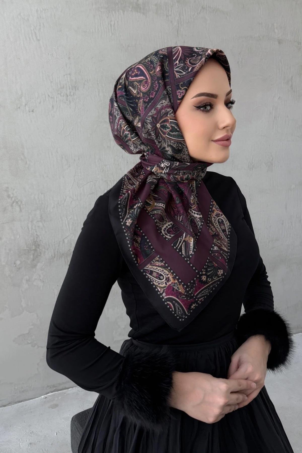 Koyu Bordo Aydilge Bohem Modal İpek Eşarp