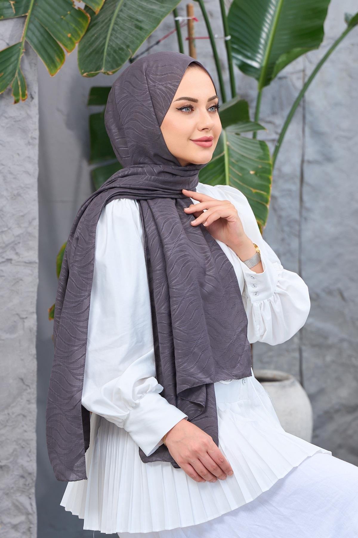 Koyu Gri Kendinden Desenli Fresh Şal