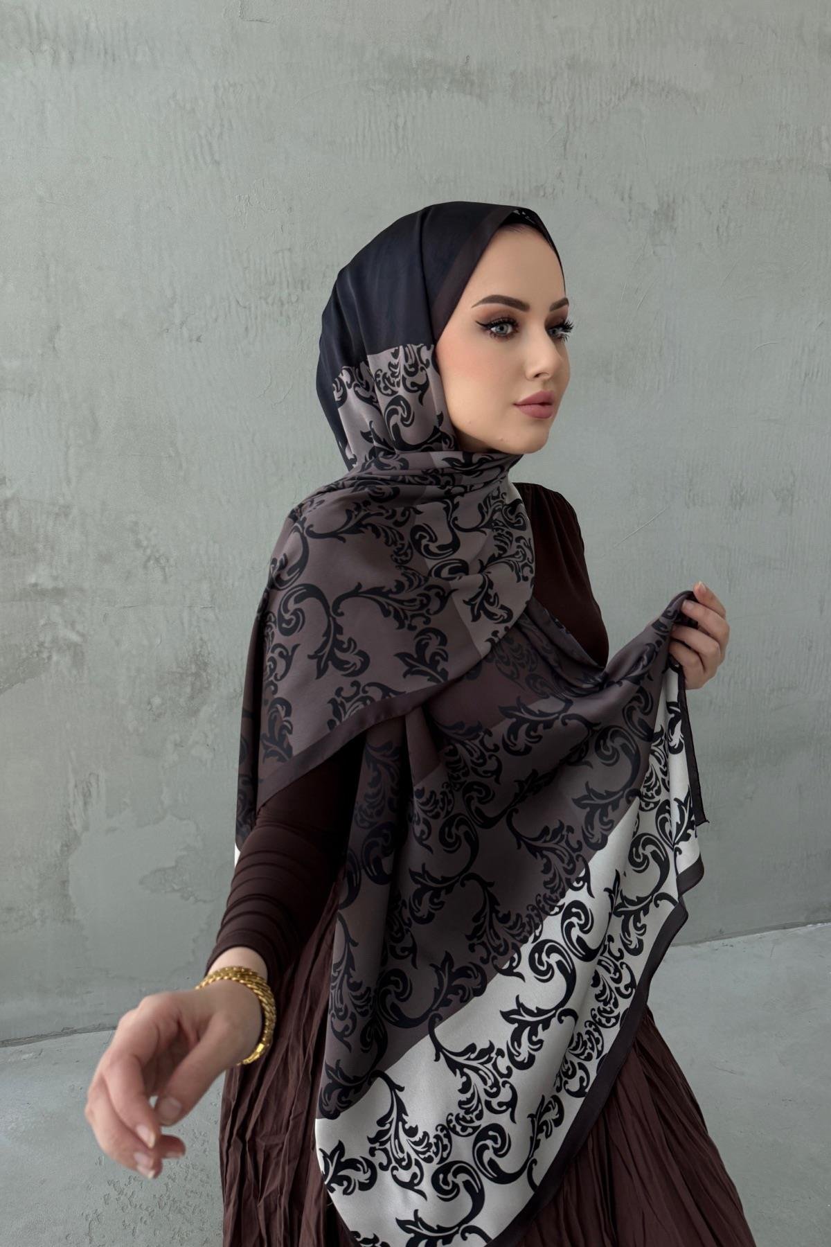 Koyu Kahverengi Almira Bohem Kumlu İpek Şal
