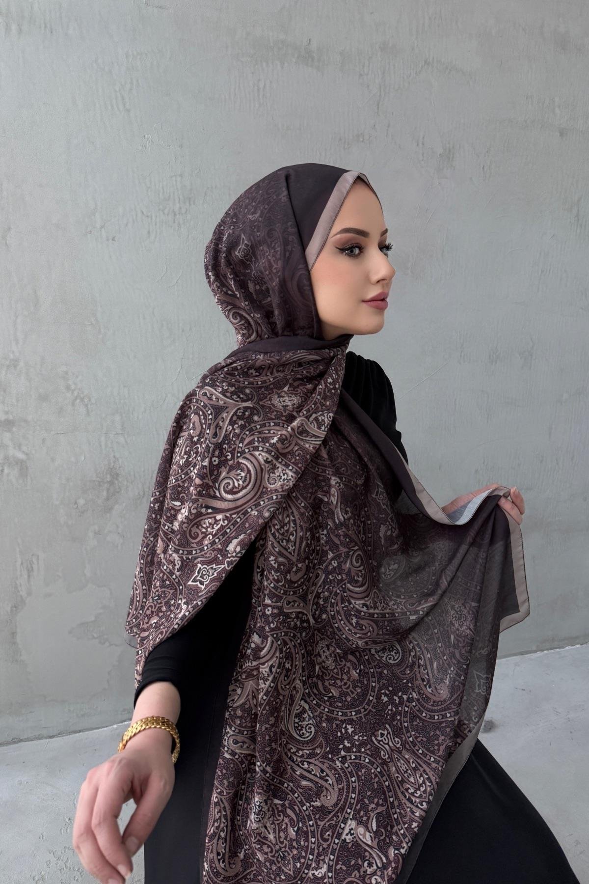 Koyu Kahverengi Hare Bohem Modal İpek Şal