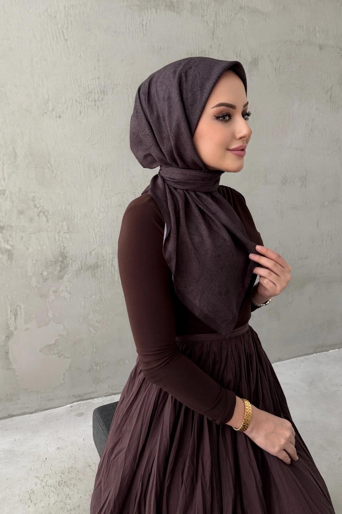 Koyu Kahverengi Neva Bohem Modal İpek Eşarp