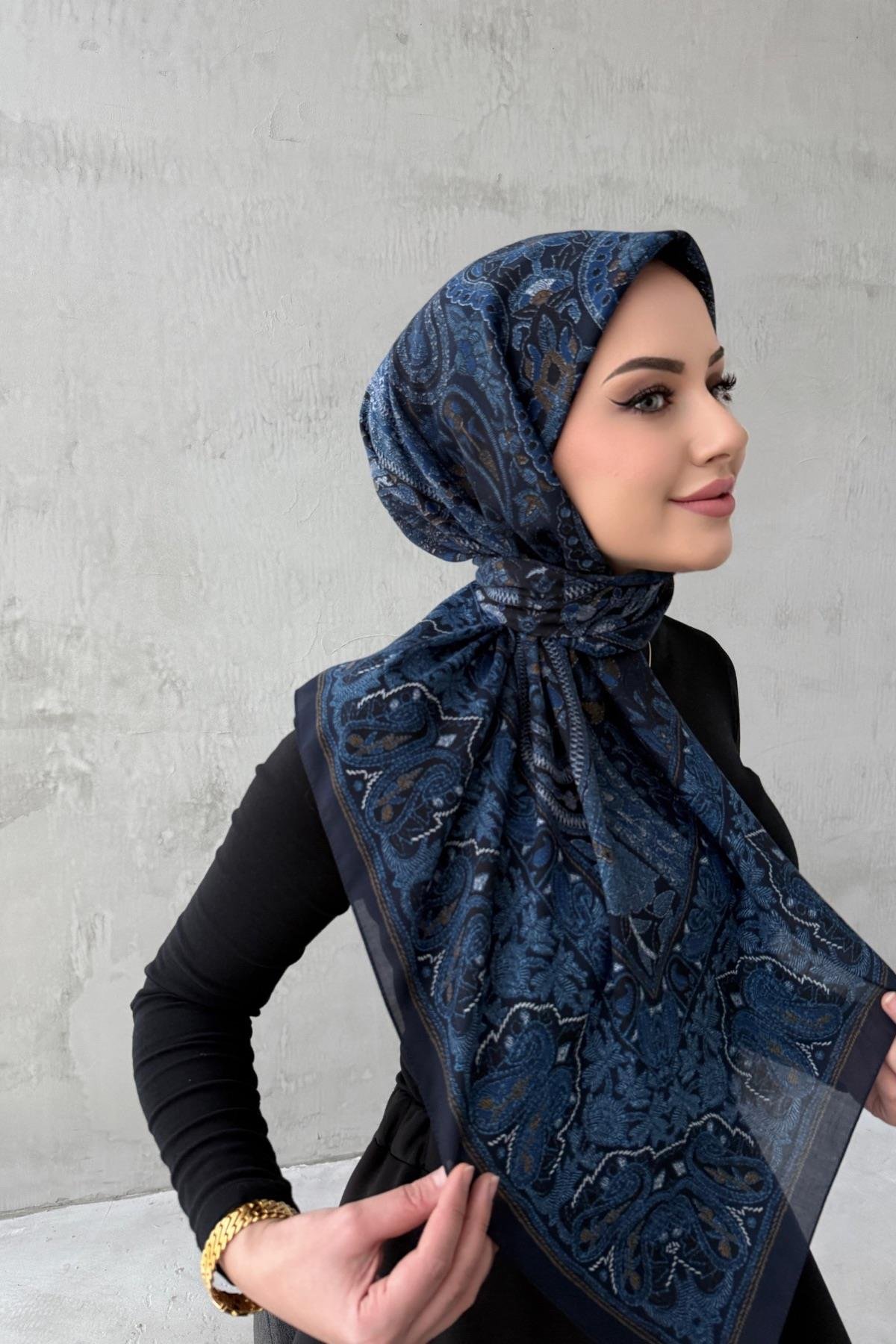 Koyu Lacivert Beliz Bohem Modal İpek Şaleşarp