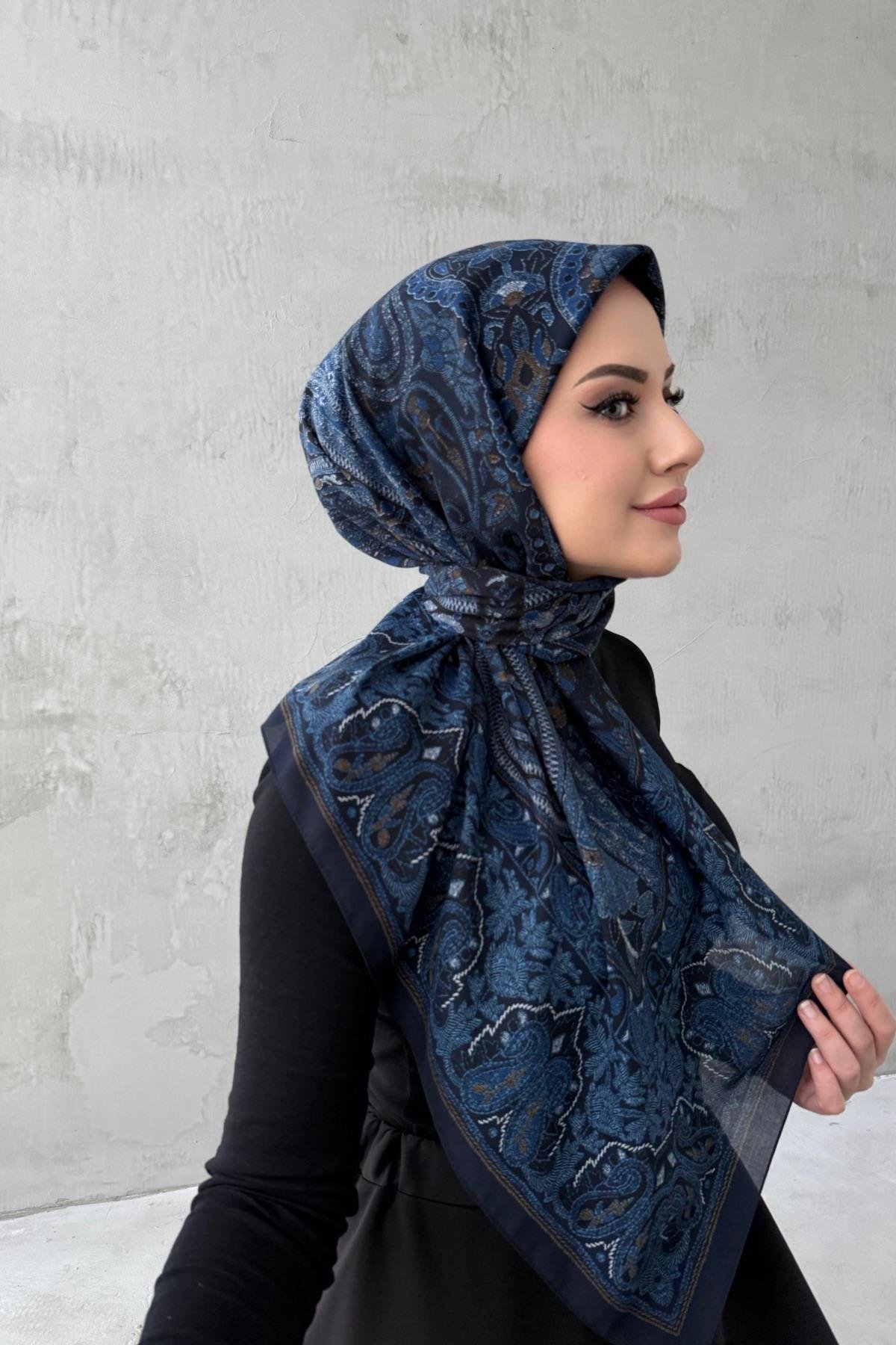Koyu Lacivert Beliz Bohem Modal İpek Şaleşarp