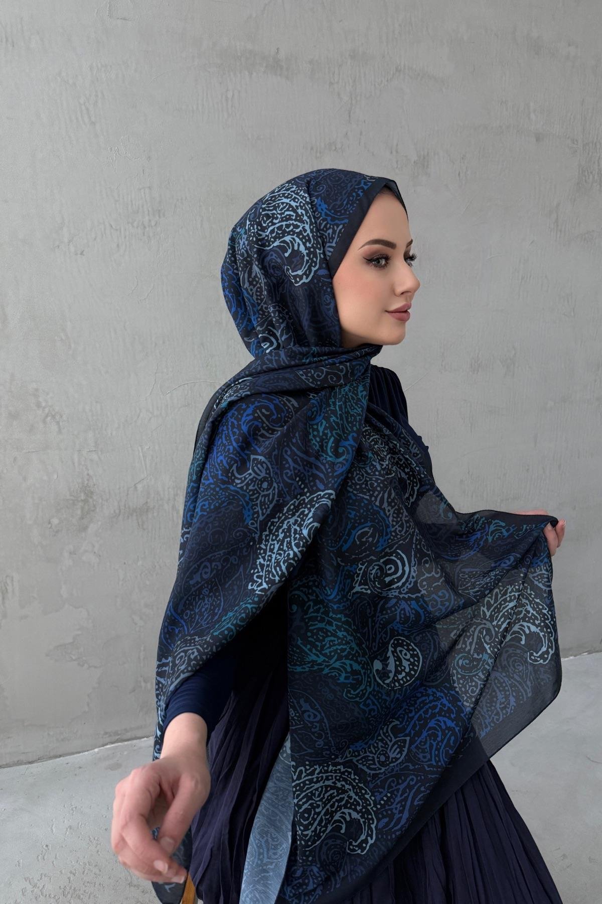 Lacivert Alaca Bohem Modal İpek Şal