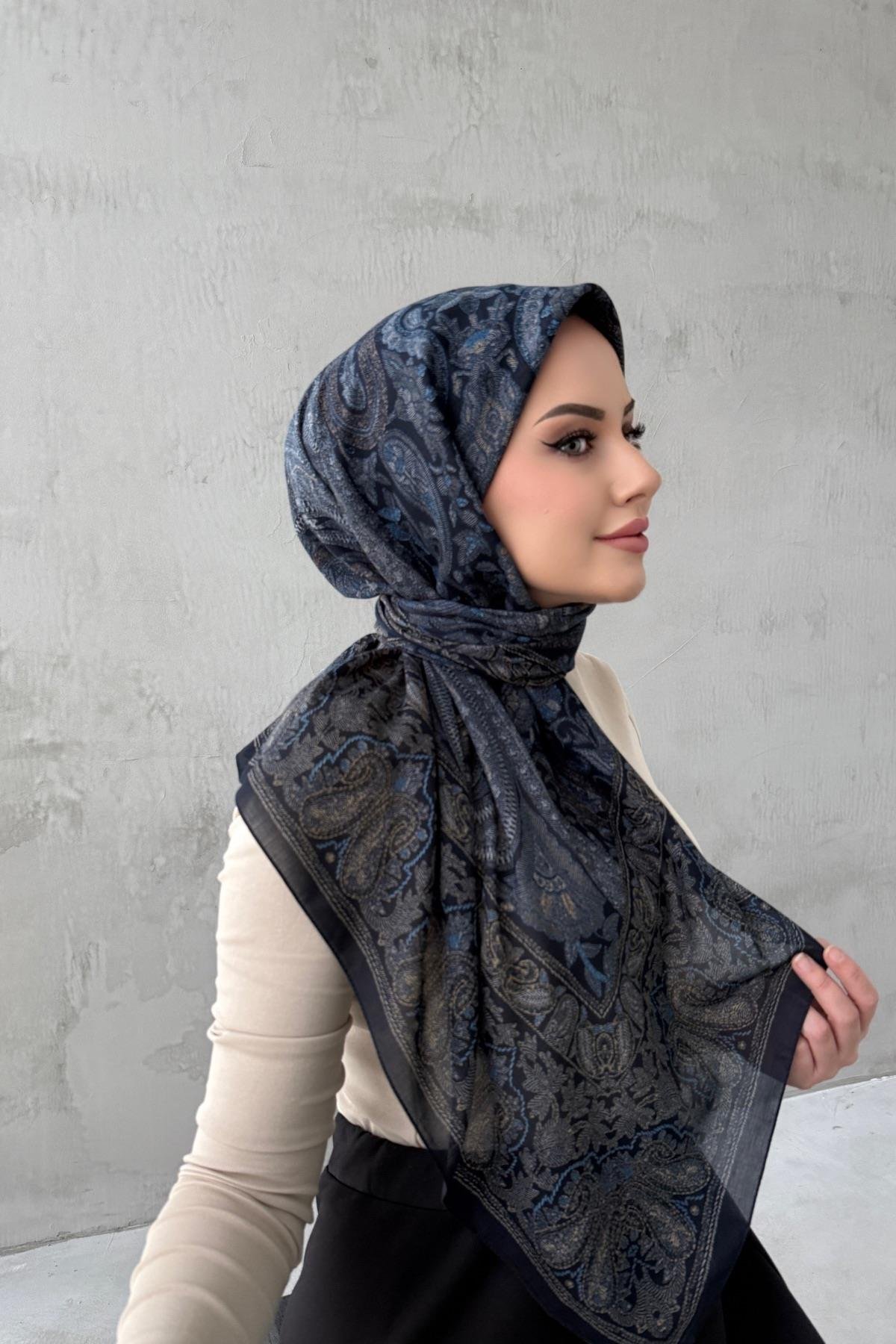 Lacivert Beliz Bohem Modal İpek Şaleşarp