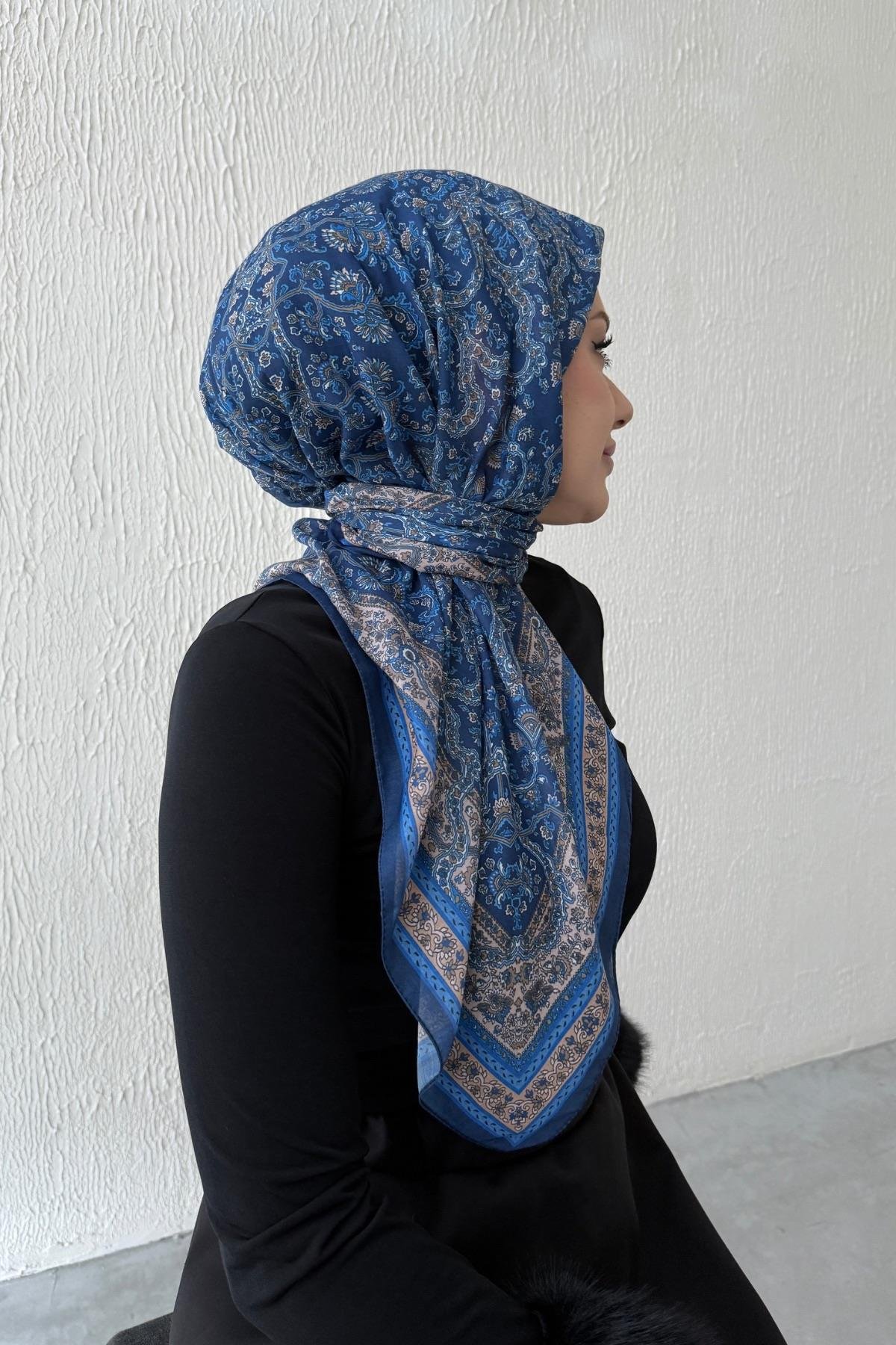 Lacivert Bohem Modal İpek Eşarp