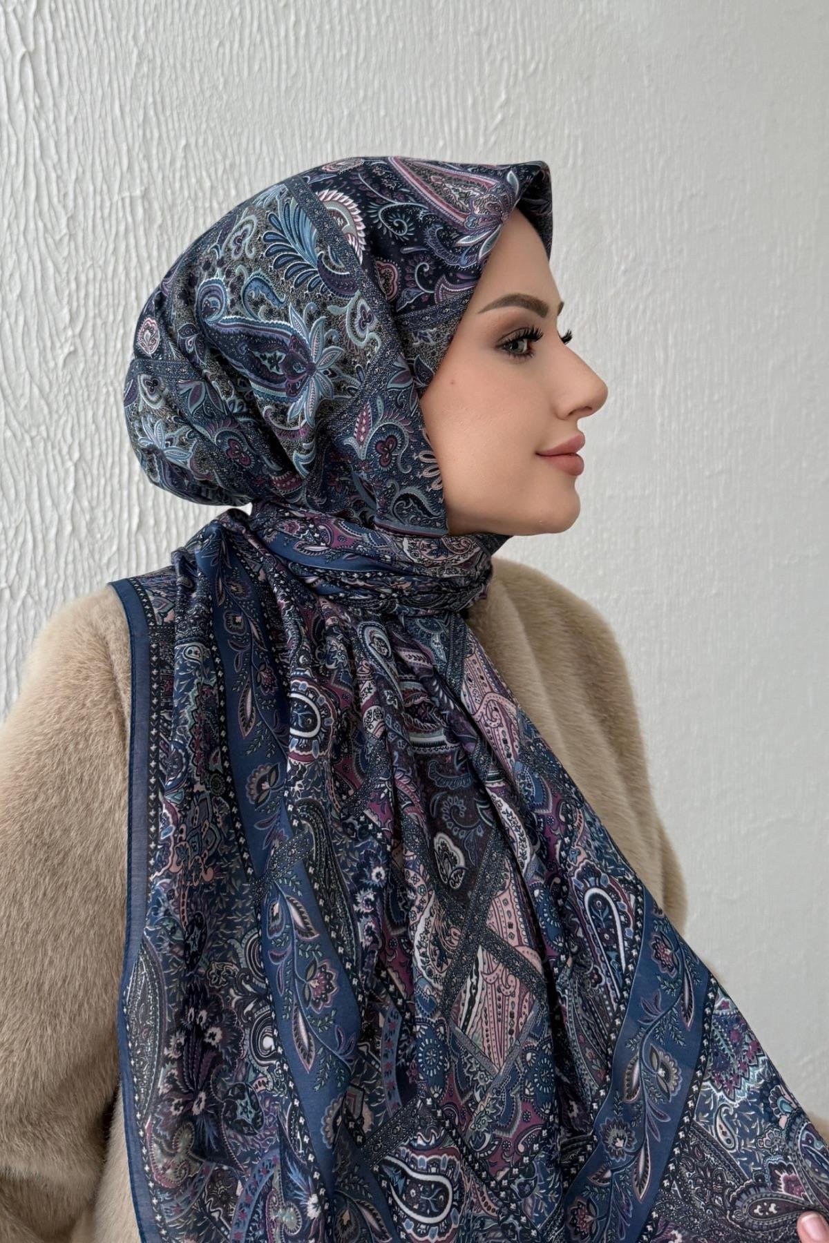 Lacivert Bohem Modal İpek Şaleşarp